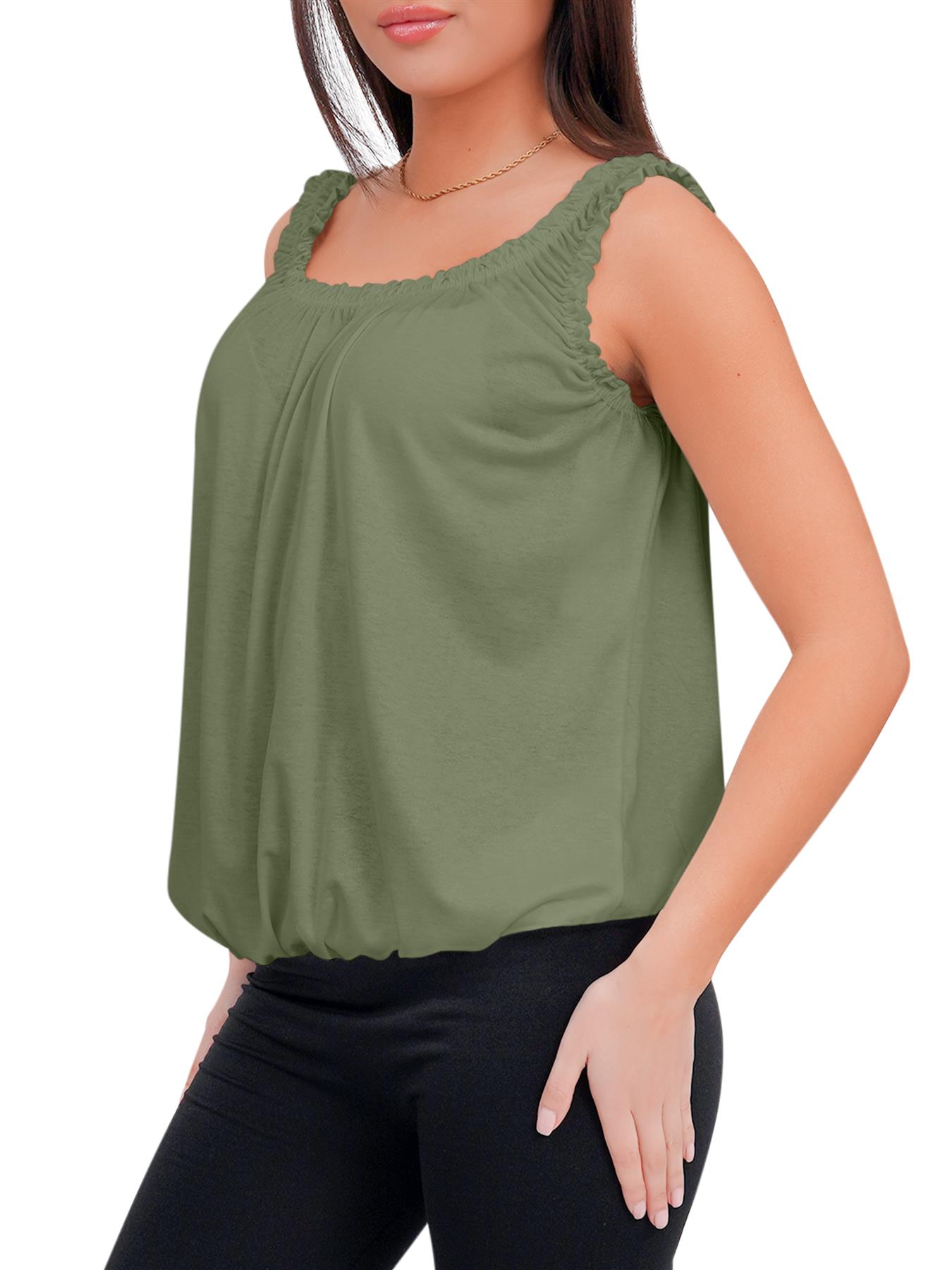Women Round Scoop Neckline Gathered Vest Top Ladies Elastic Bubble Hem Summer - Picture 61 of 138