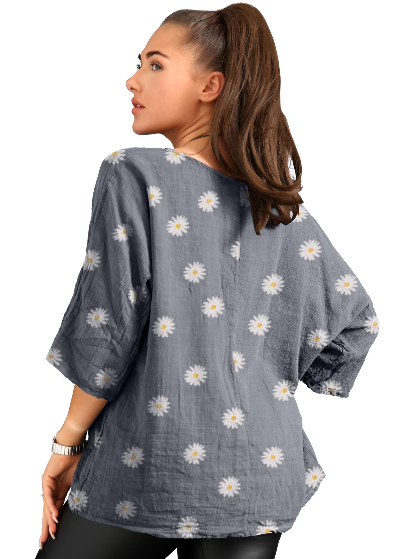 Women's Italian Lagenlook Cotton Top Daisy Floral Print 3/4 Sleeves Tunic Shirt - Picture 17 of 63