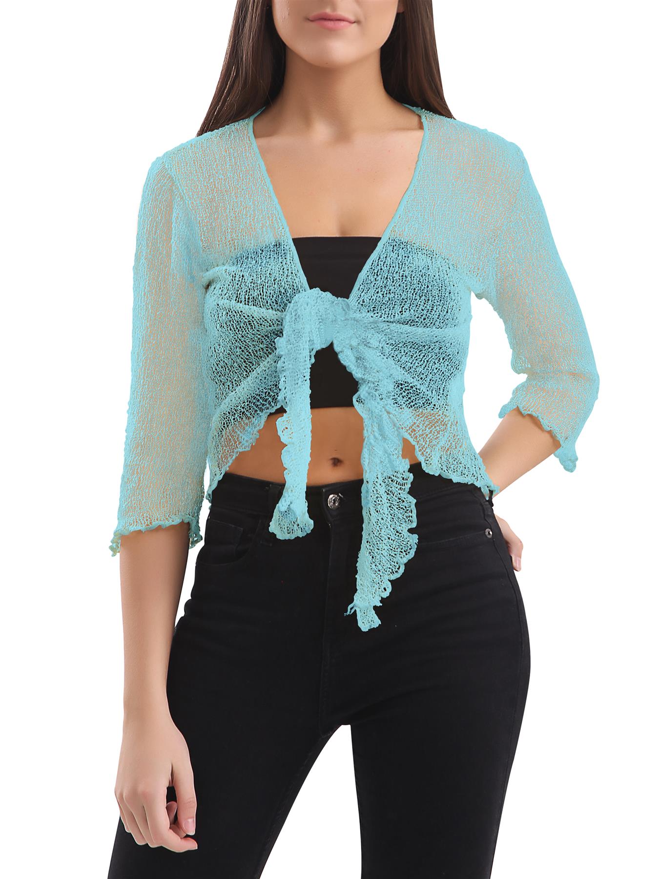 Womens Tie Up Open Front Shrug Ladies Knitted Cropped Bolero beach summer Top - Picture 6 of 169
