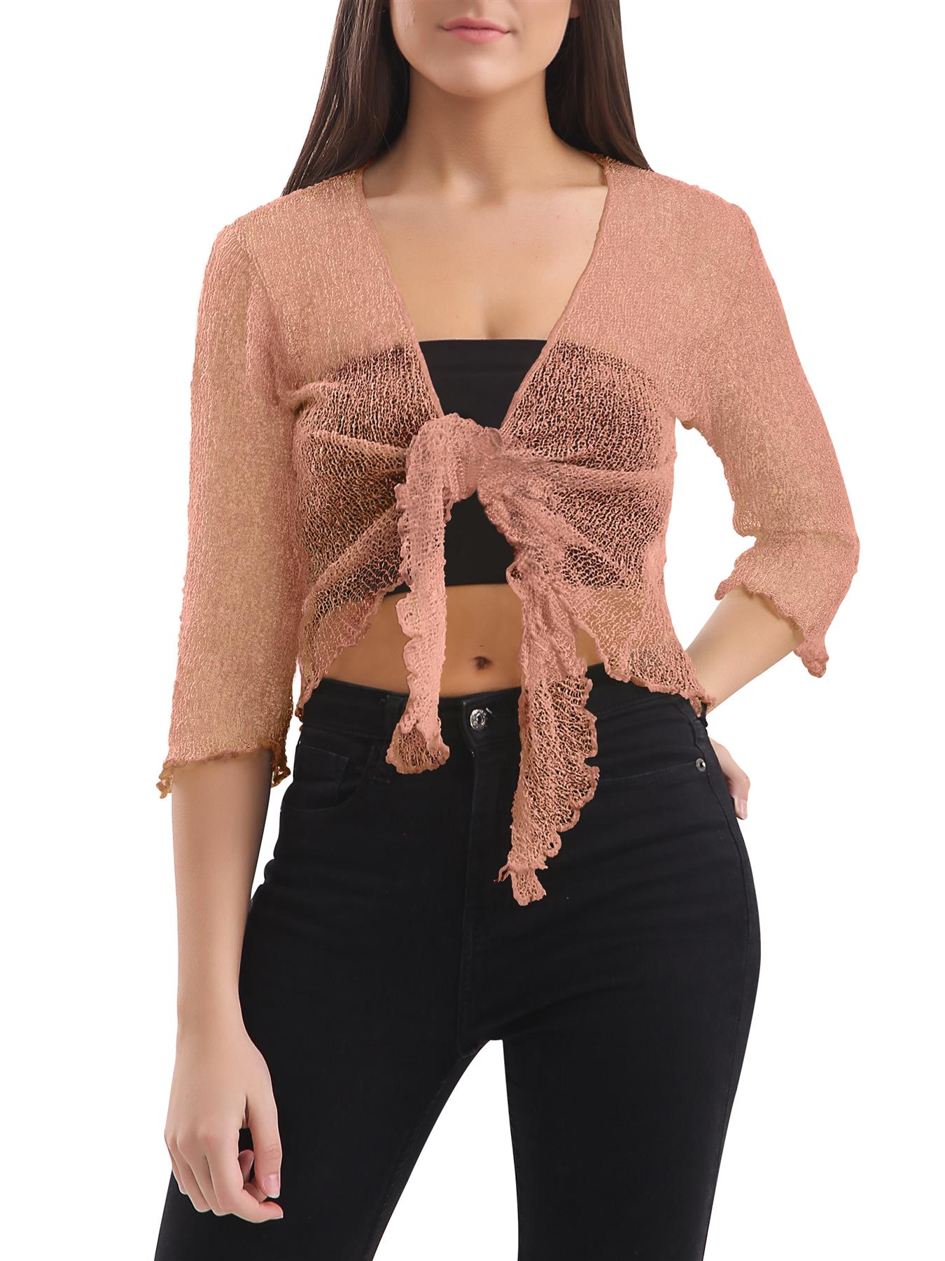 Womens Tie Up Open Front Shrug Ladies Knitted Cropped Bolero beach summer Top - Picture 27 of 169