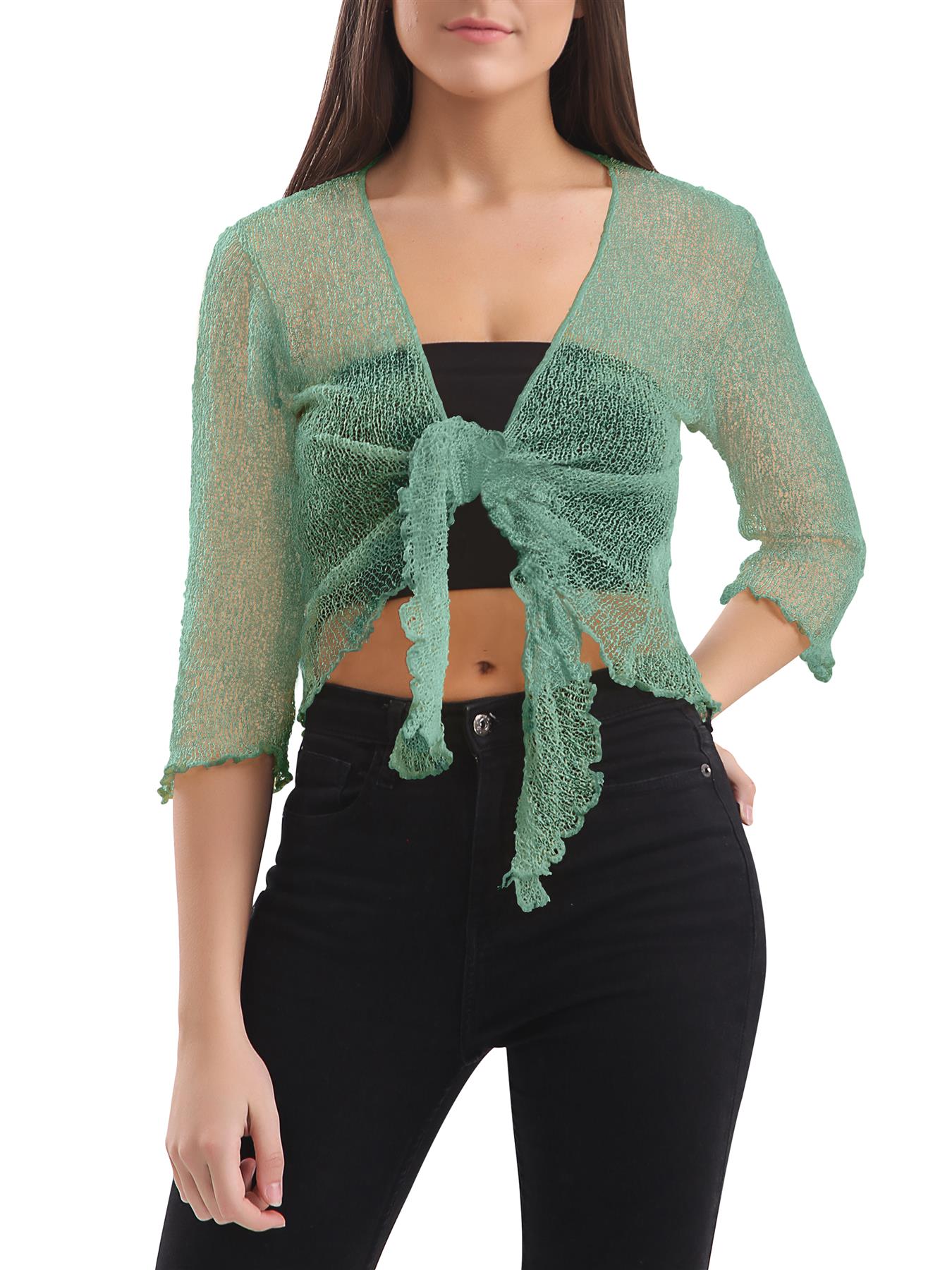 Womens Tie Up Open Front Shrug Ladies Knitted Cropped Bolero beach summer Top - Picture 67 of 169