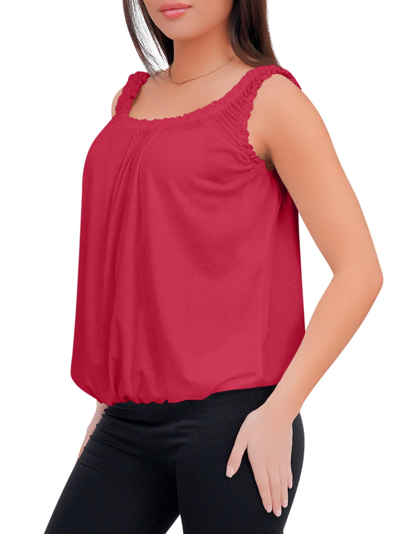 Women Round Scoop Neckline Gathered Vest Top Ladies Elastic Bubble Hem Summer - Picture 134 of 138