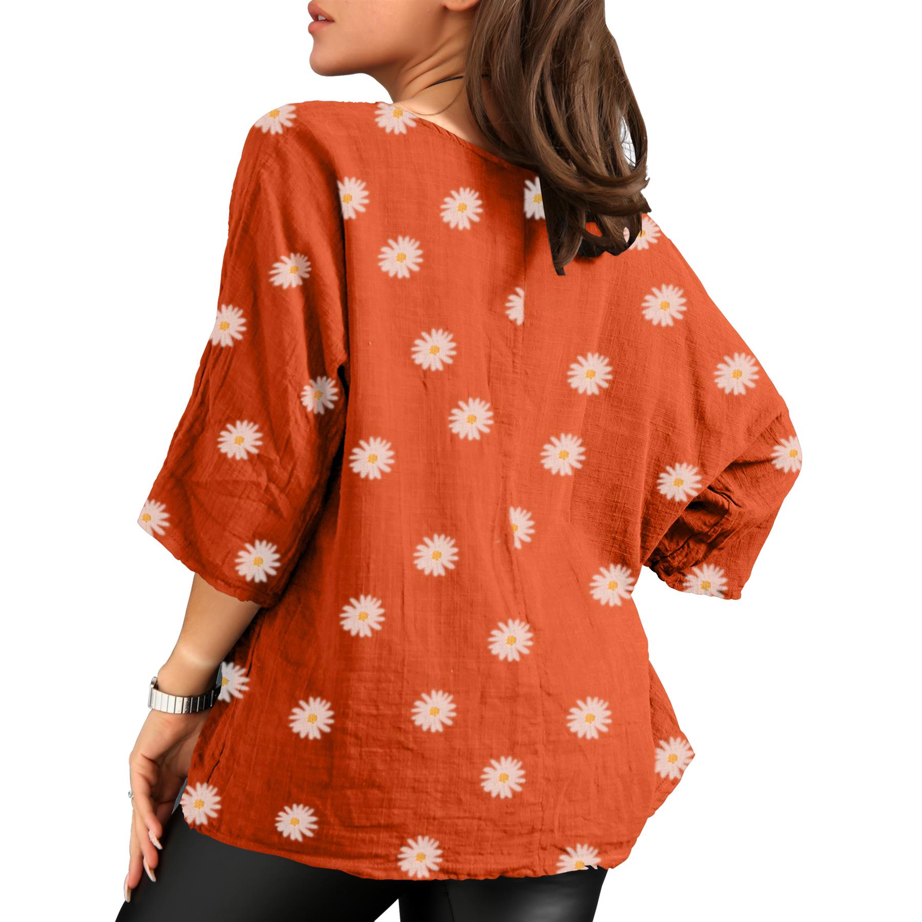 Women's Italian Lagenlook Cotton Top Daisy Floral Print 3/4 Sleeves Tunic Shirt - Picture 47 of 63