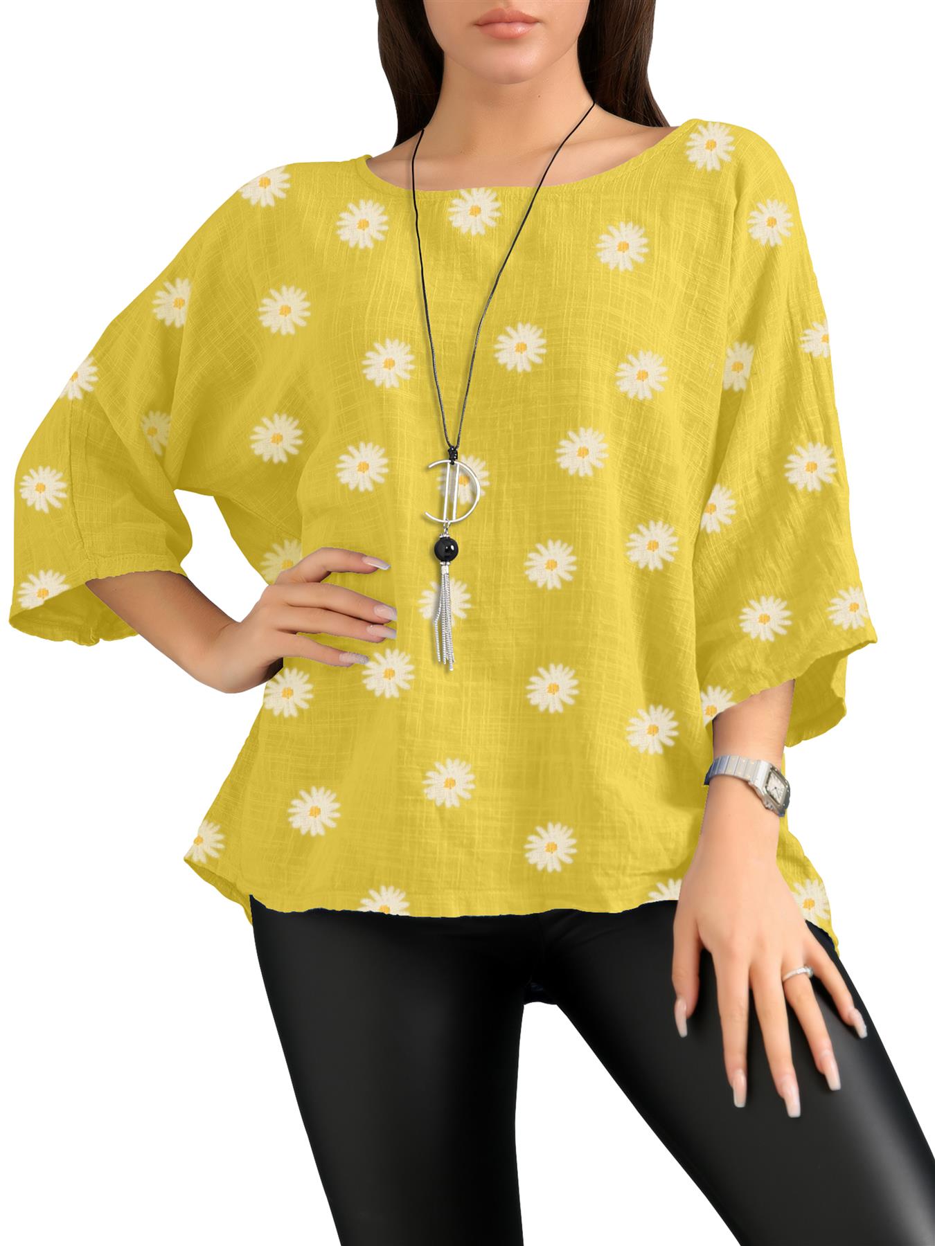 Women's Italian Lagenlook Cotton Top Daisy Floral Print 3/4 Sleeves Tunic Shirt - Picture 62 of 63