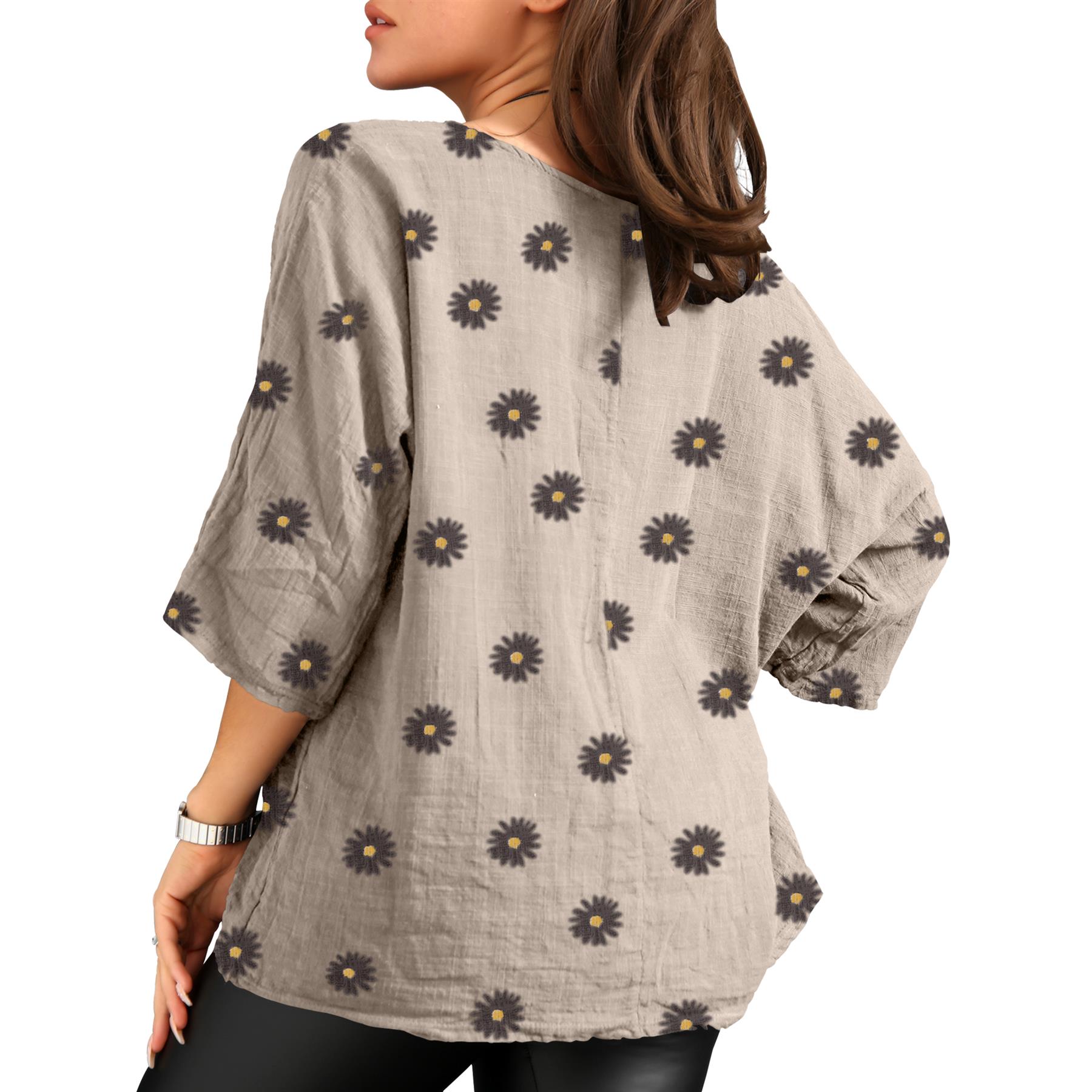 Women's Italian Lagenlook Cotton Top Daisy Floral Print 3/4 Sleeves Tunic Shirt - Picture 9 of 63