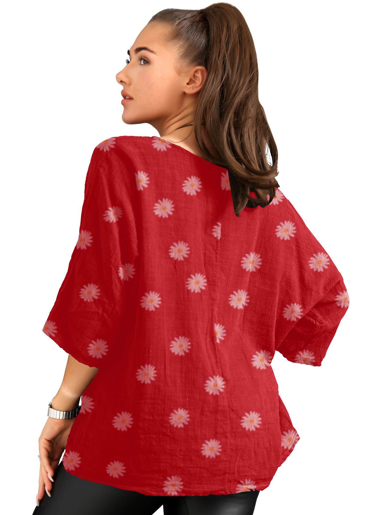 Ladies Italian Daisy Print Lagenlook Plain Lightweight Casual Short Top - Picture 87 of 101