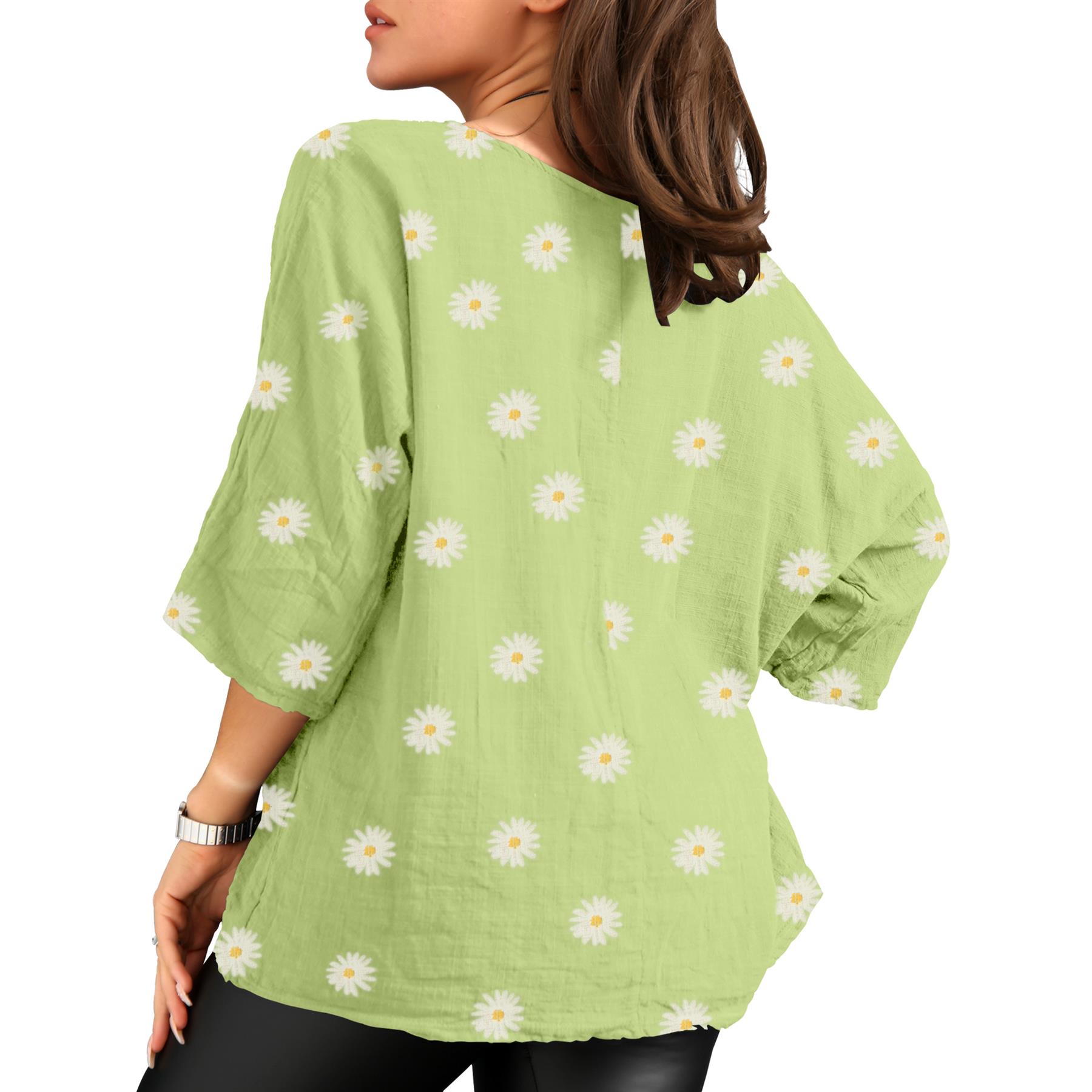 Women's Italian Lagenlook Cotton Top Daisy Floral Print 3/4 Sleeves Tunic Shirt - Picture 37 of 63