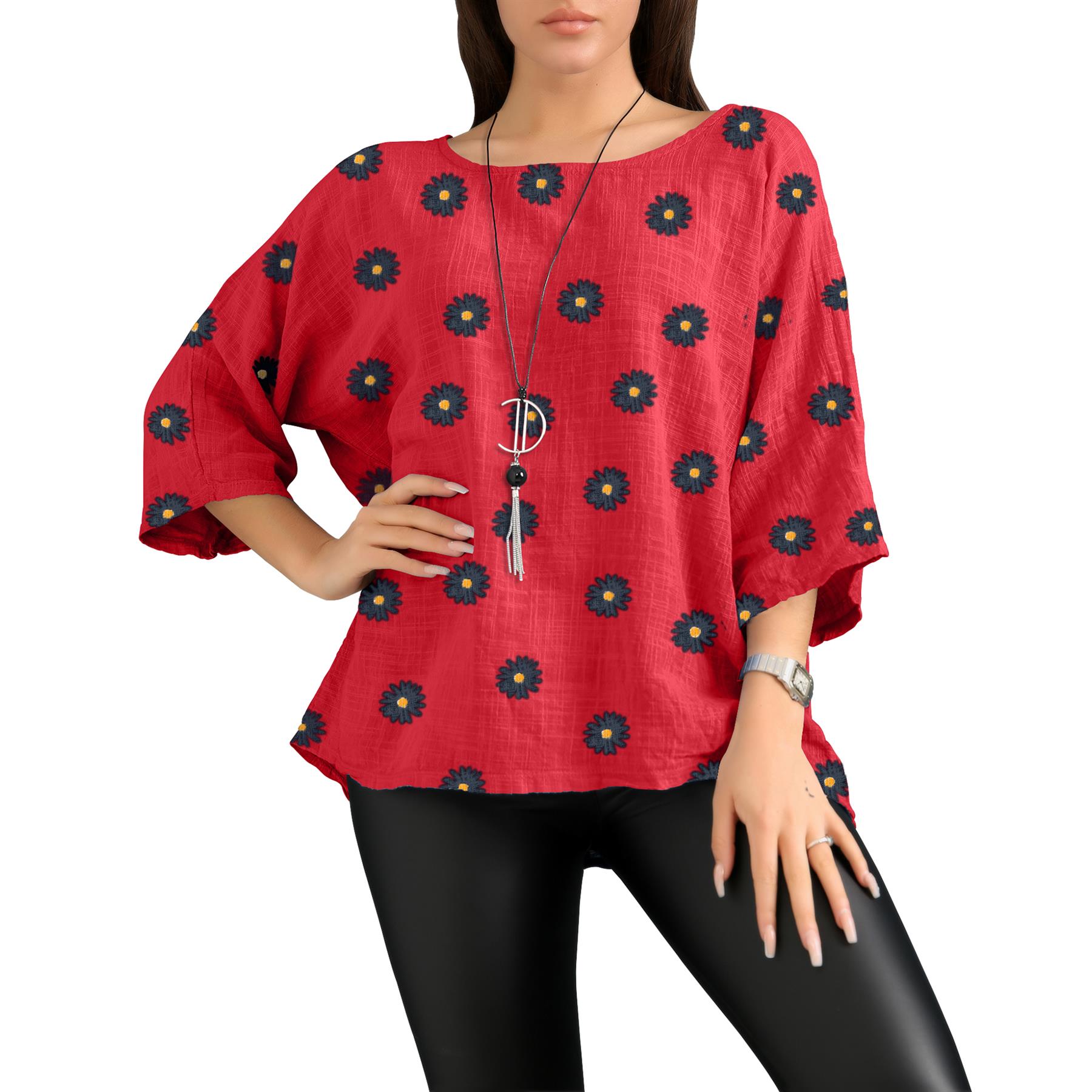 Women's Italian Lagenlook Cotton Top Daisy Floral Print 3/4 Sleeves Tunic Shirt - Picture 48 of 63