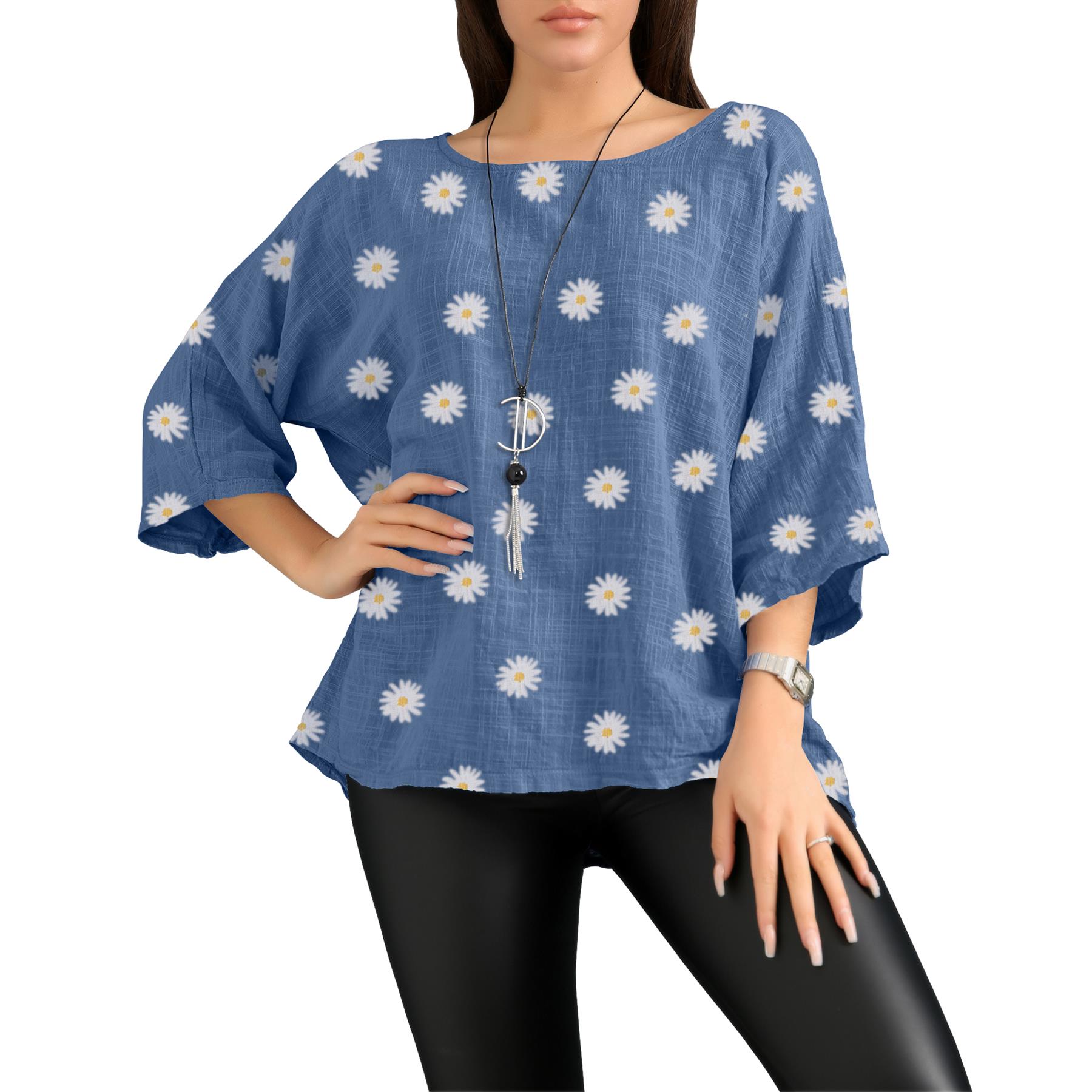 Women's Italian Lagenlook Cotton Top Daisy Floral Print 3/4 Sleeves Tunic Shirt - Picture 18 of 63