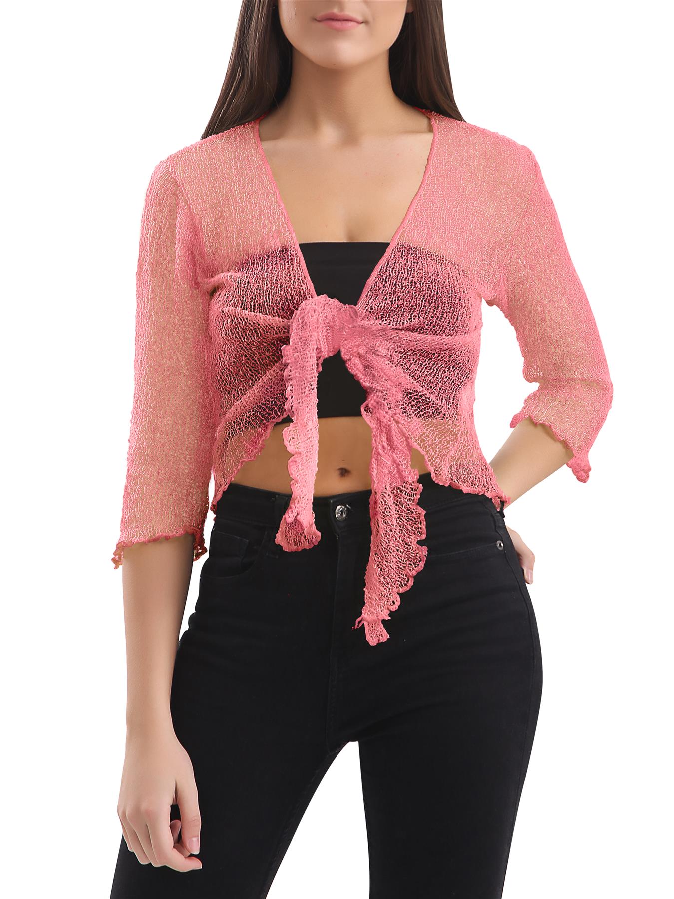 Womens Tie Up Open Front Shrug Ladies Knitted Cropped Bolero beach summer Top - Picture 12 of 169