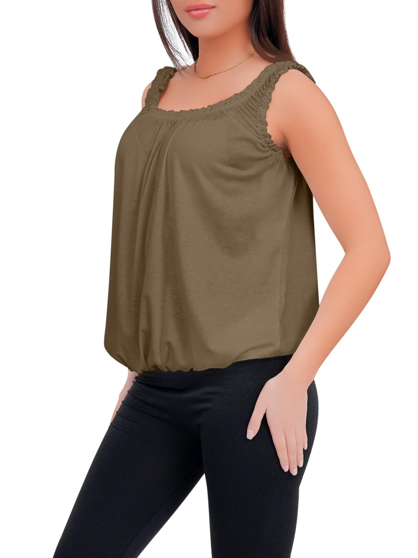 Women Round Scoop Neckline Gathered Vest Top Ladies Elastic Bubble Hem Summer - Picture 86 of 138