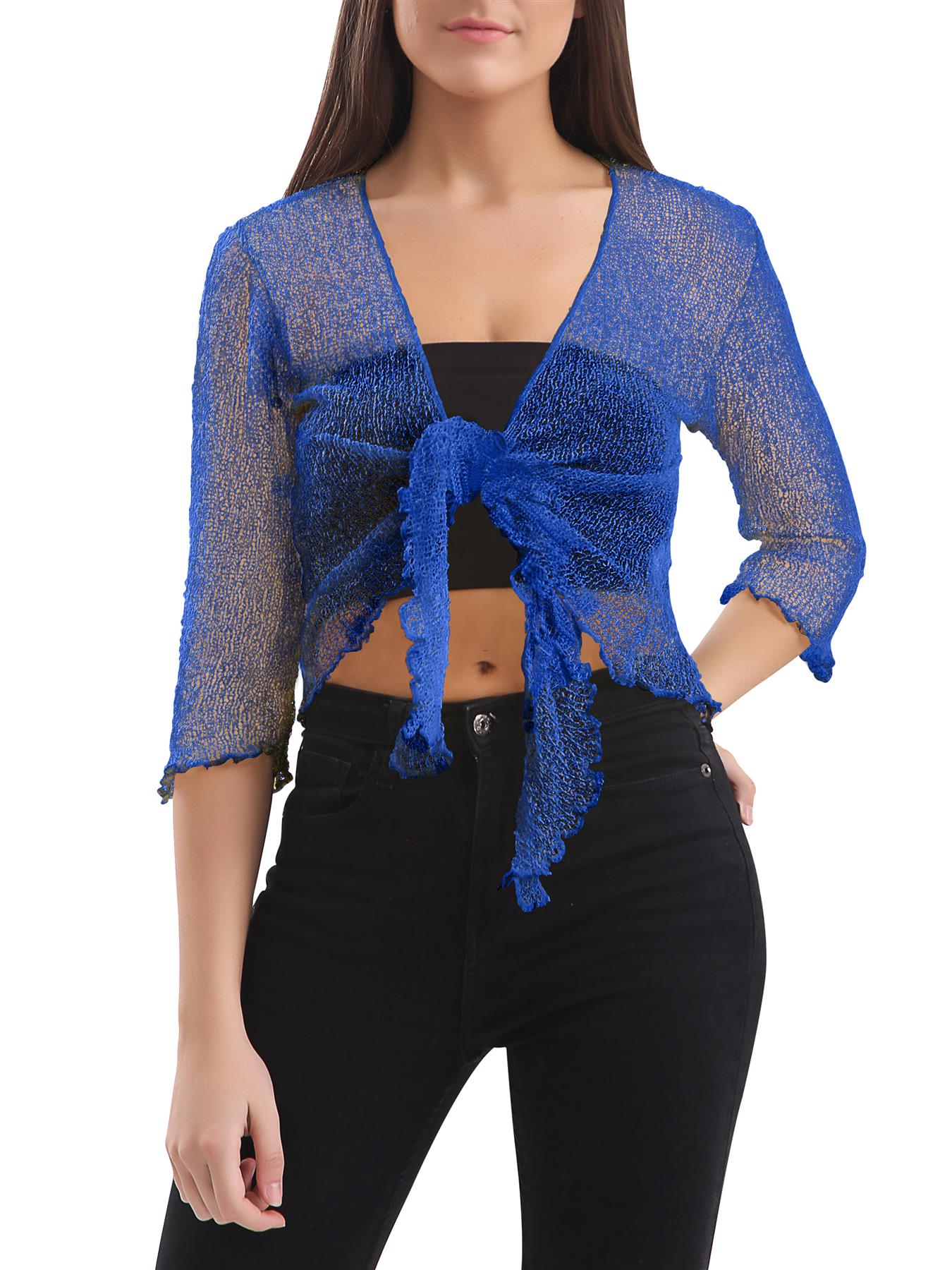 Womens Tie Up Open Front Shrug Ladies Knitted Cropped Bolero beach summer Top - Picture 104 of 169