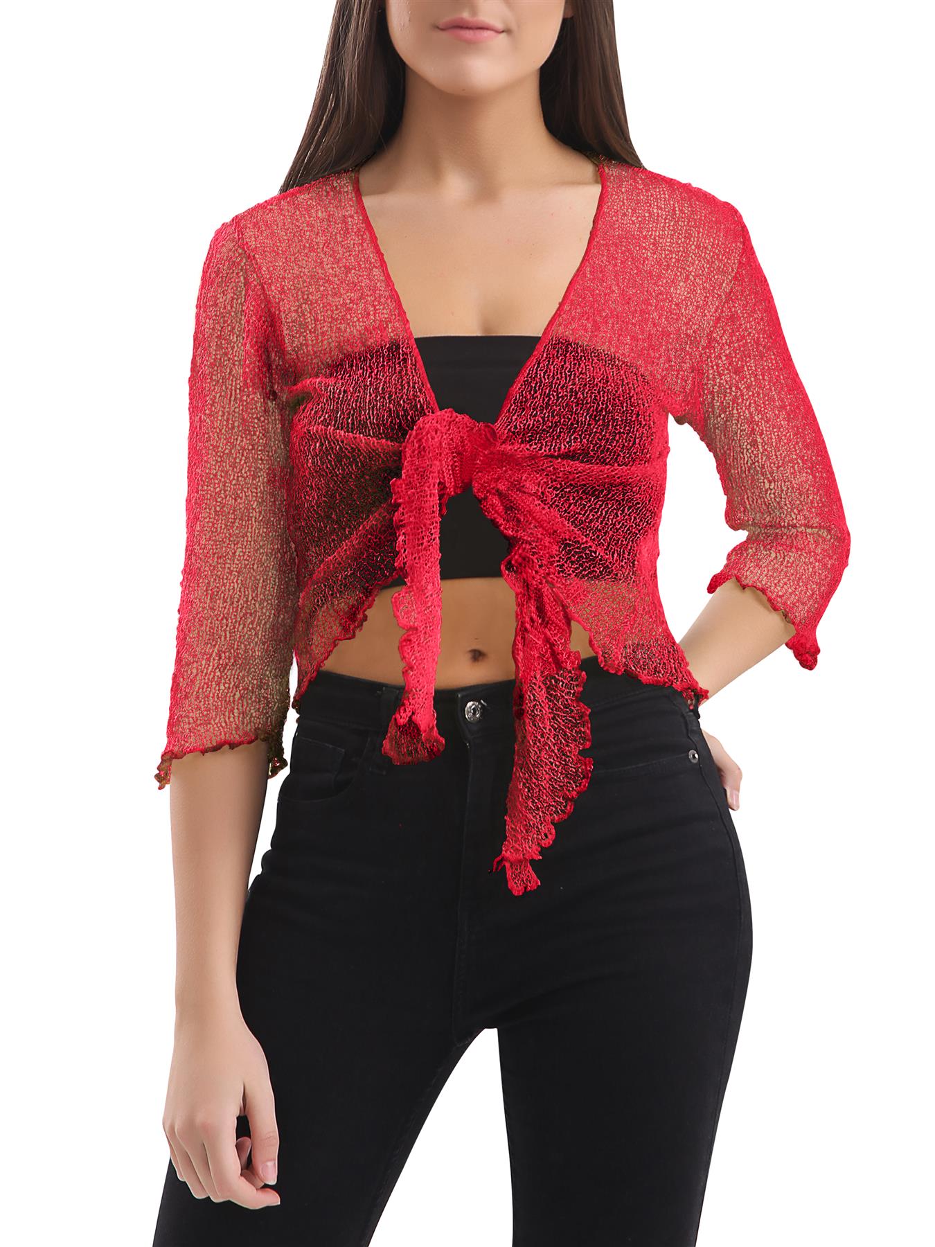 Womens Tie Up Open Front Shrug Ladies Knitted Cropped Bolero beach summer Top - Picture 128 of 169