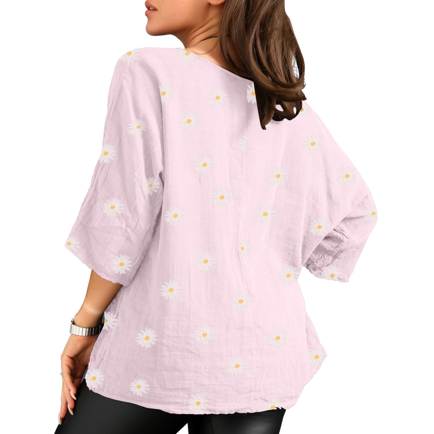 Women's Italian Lagenlook Cotton Top Daisy Floral Print 3/4 Sleeves Tunic Shirt - Picture 7 of 63