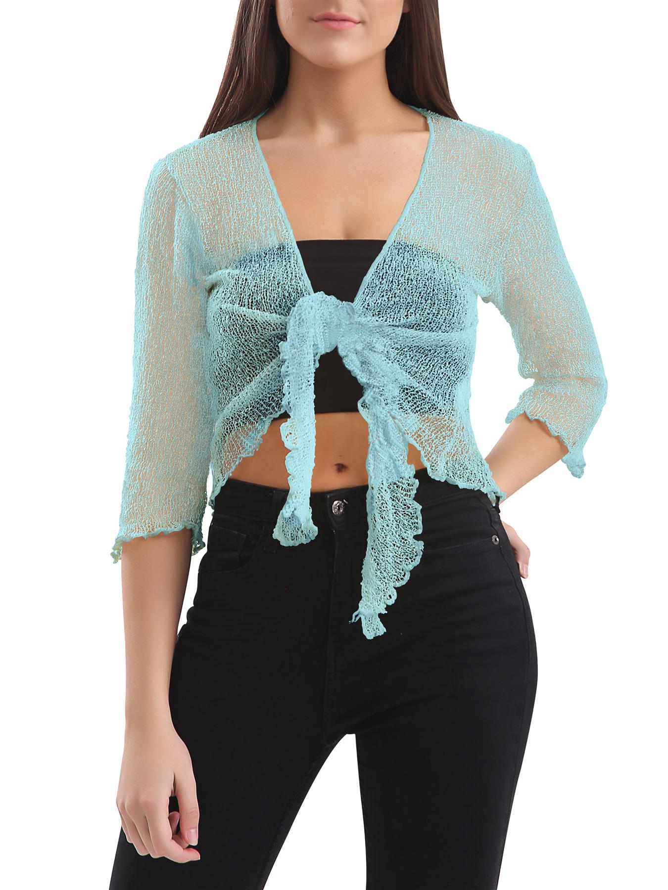 Womens Tie Up Open Front Shrug Ladies Knitted Cropped Bolero beach summer Top - Picture 119 of 169