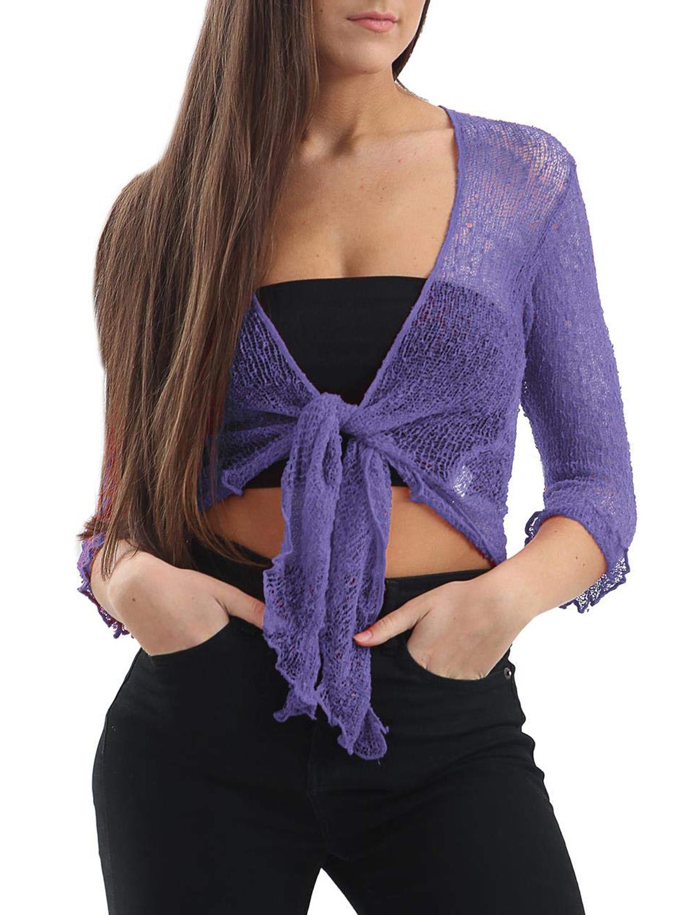 Womens Tie Up Open Front Shrug Ladies Knitted Cropped Bolero beach summer Top - Picture 164 of 169