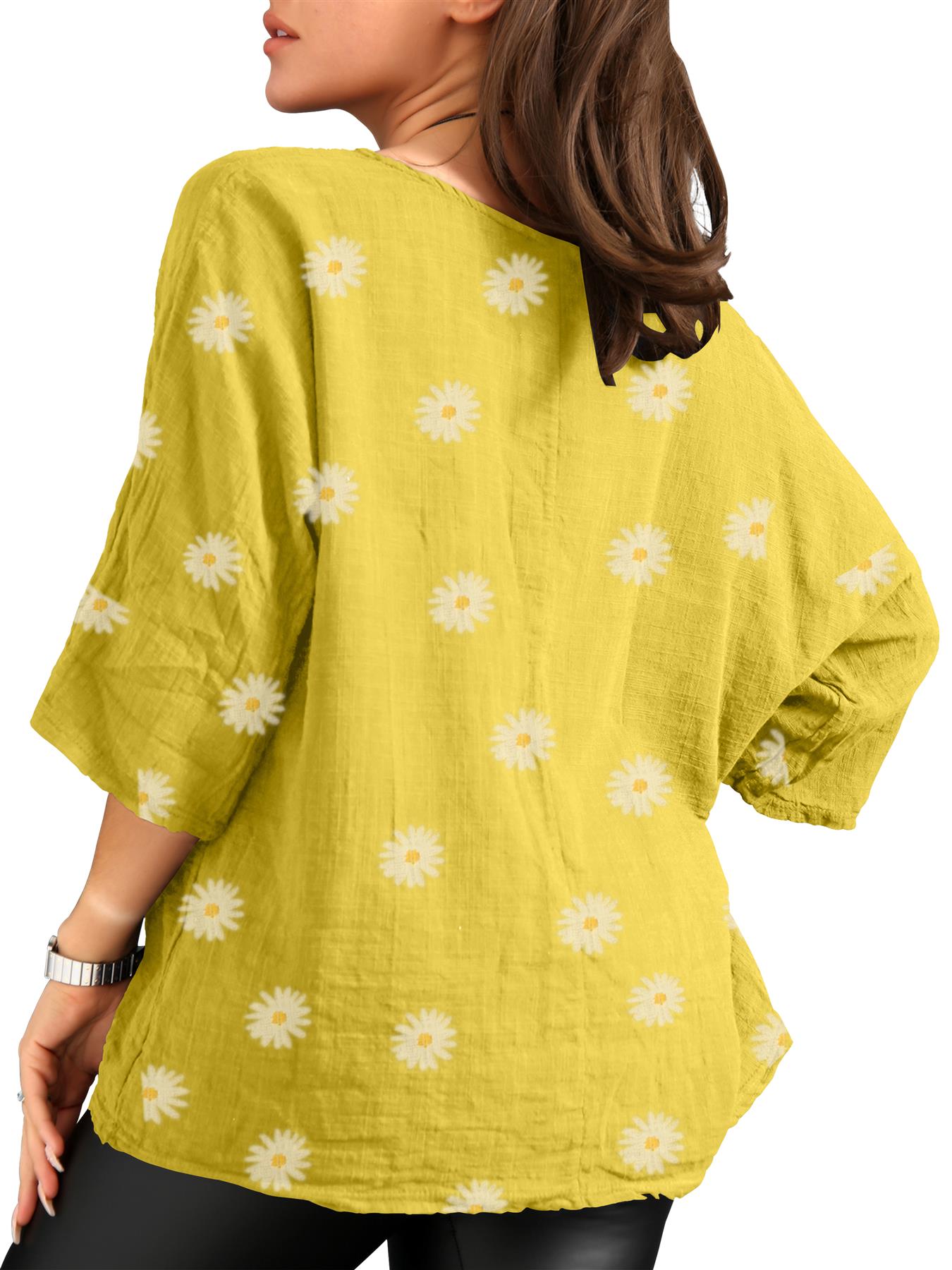 Women's Italian Lagenlook Cotton Top Daisy Floral Print 3/4 Sleeves Tunic Shirt - Picture 63 of 63