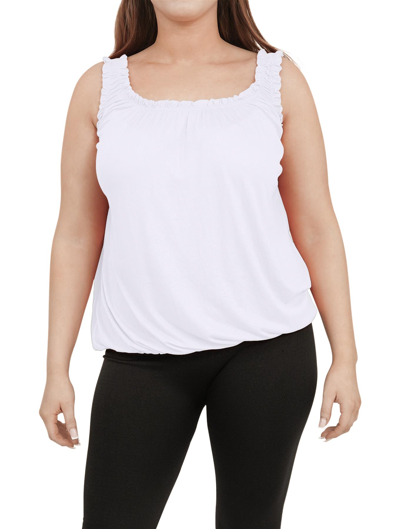 Women Round Scoop Neckline Gathered Vest Top Ladies Elastic Bubble Hem Summer - Picture 132 of 138