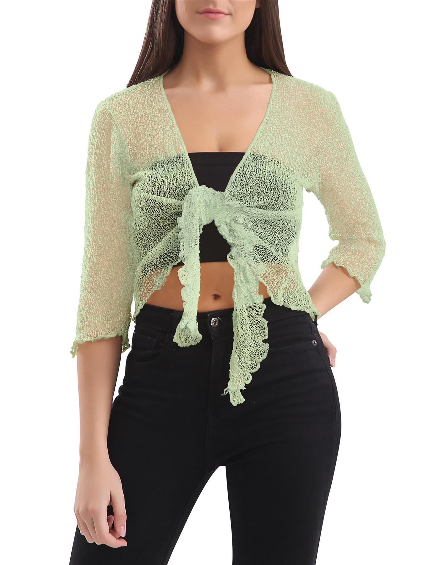 Womens Tie Up Open Front Shrug Ladies Knitted Cropped Bolero beach summer Top - Picture 86 of 169