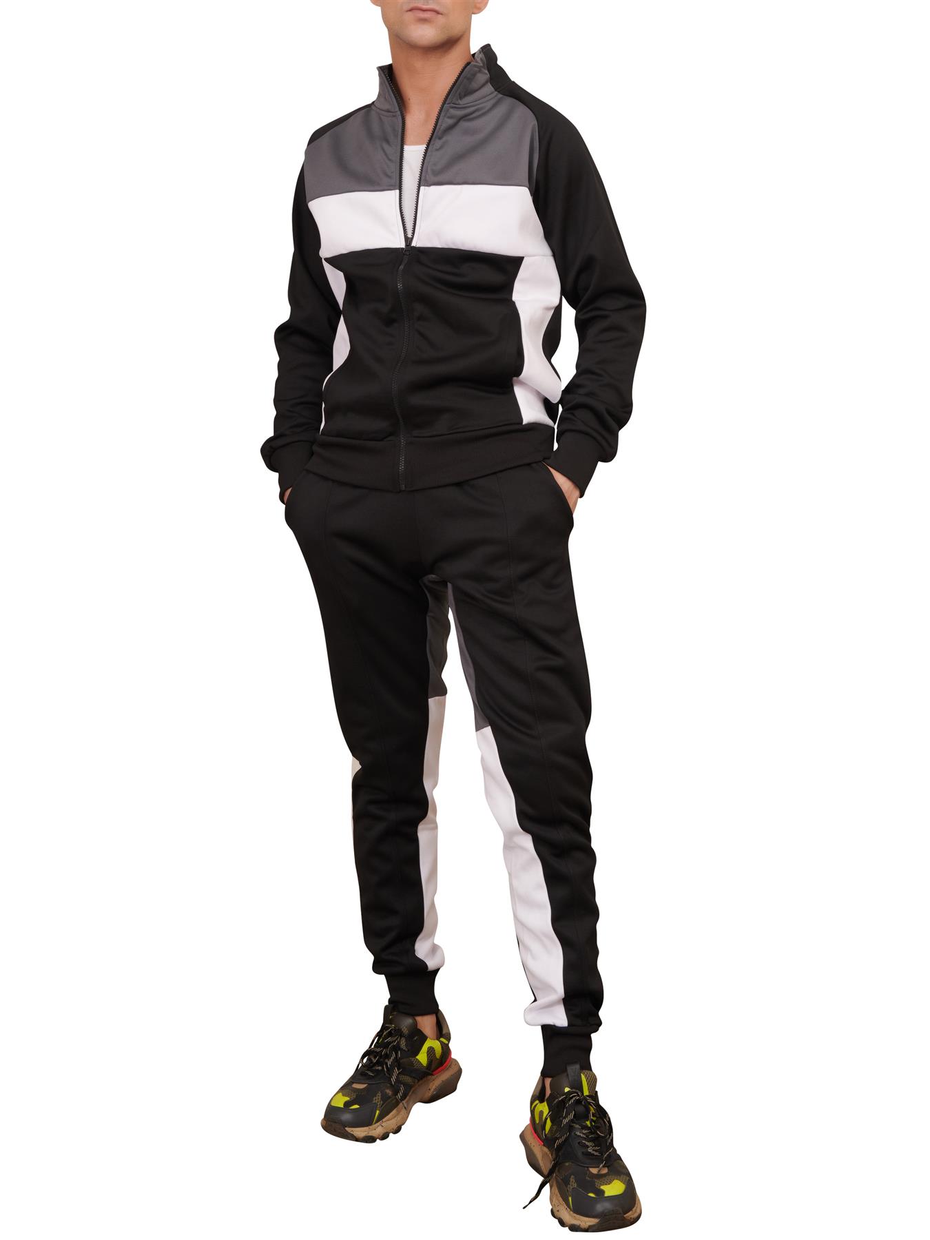 Mens Panelled Zip-through Collared Tracksuit Set Joggers Bottom Casual Tracksuit - Picture 5 of 9