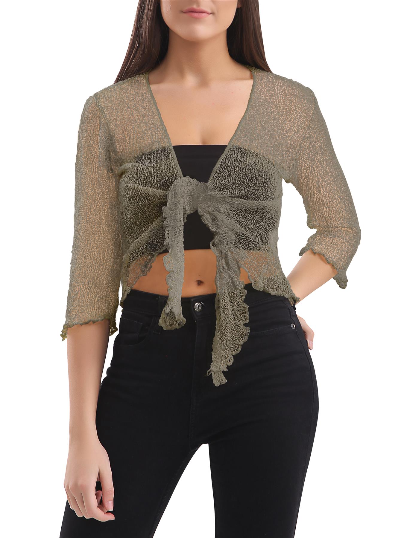 Womens Tie Up Open Front Shrug Ladies Knitted Cropped Bolero beach summer Top - Picture 98 of 169