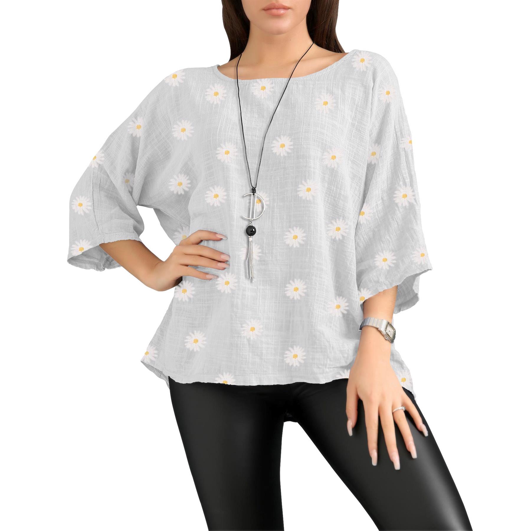 Women's Italian Lagenlook Cotton Top Daisy Floral Print 3/4 Sleeves Tunic Shirt - Picture 24 of 63