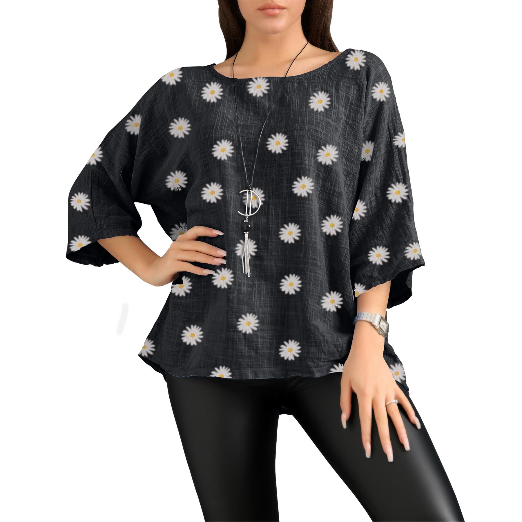 Women's Italian Lagenlook Cotton Top Daisy Floral Print 3/4 Sleeves Tunic Shirt - Picture 10 of 63