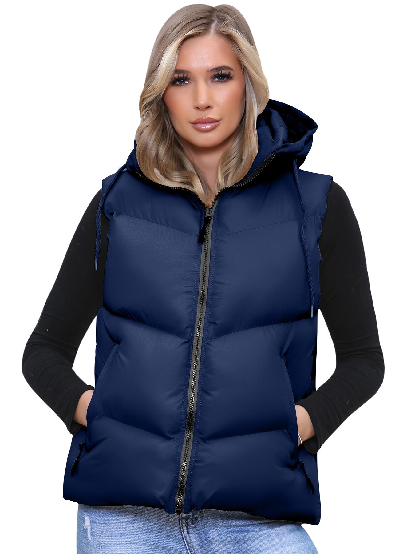 Women Italian Short Gillet Sleeveless Puffer Hooded Lightweight Zip Up Jacket - Picture 10 of 10