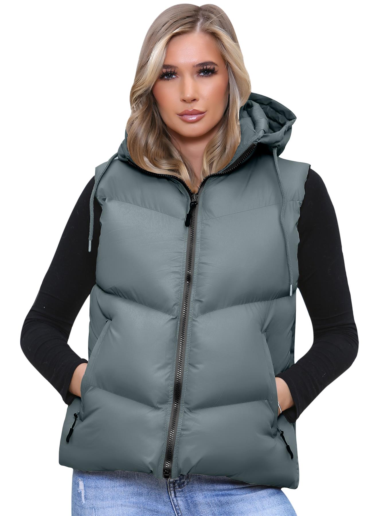 Women Italian Short Gillet Sleeveless Puffer Hooded Lightweight Zip Up Jacket - Picture 7 of 10