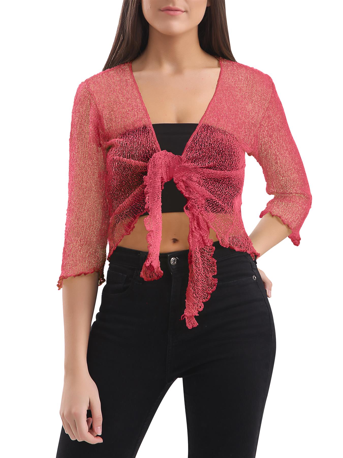 Womens Tie Up Open Front Shrug Ladies Knitted Cropped Bolero beach summer Top - Picture 18 of 169