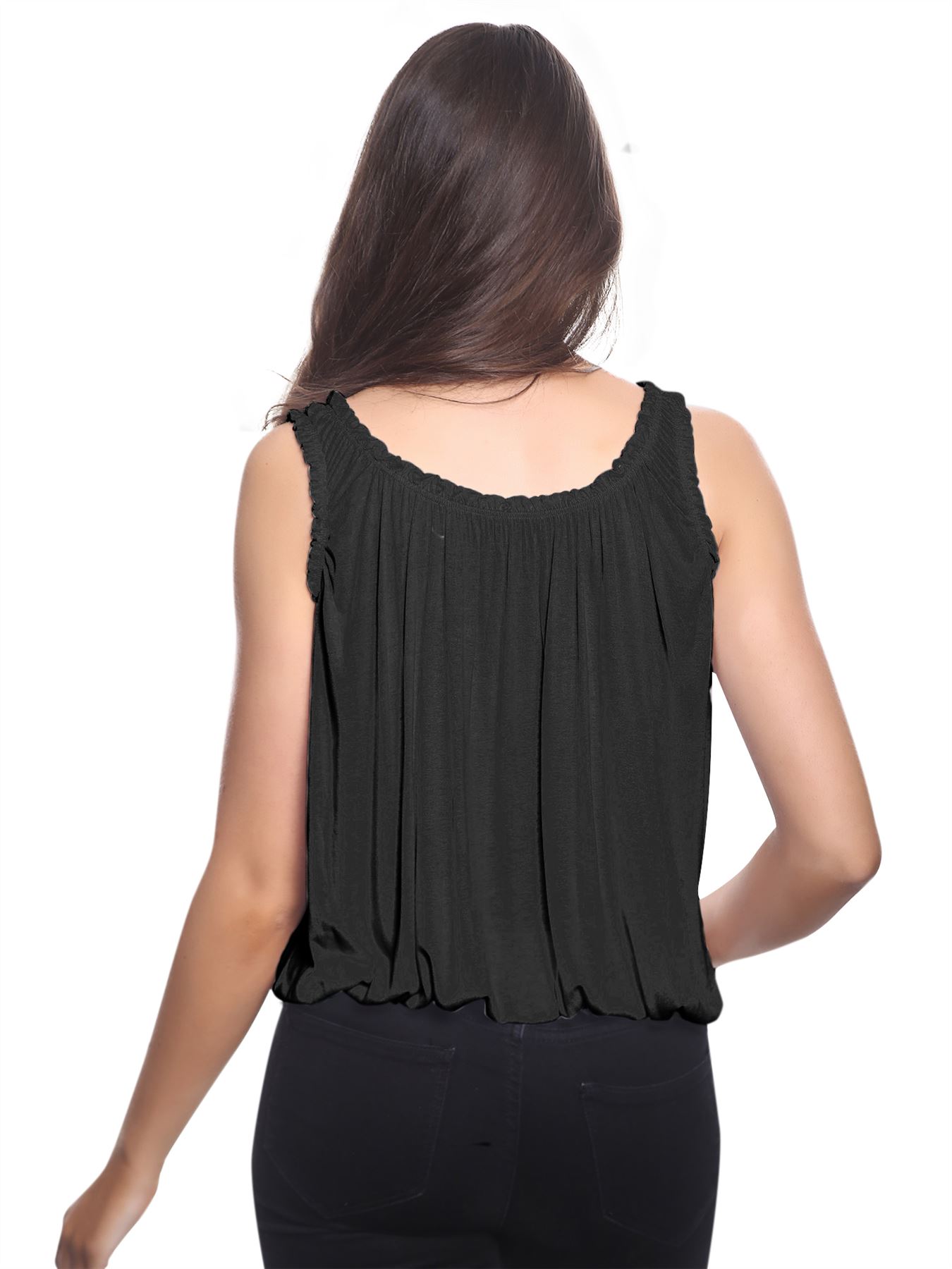 Women Round Scoop Neckline Gathered Vest Top Ladies Elastic Bubble Hem Summer - Picture 21 of 138
