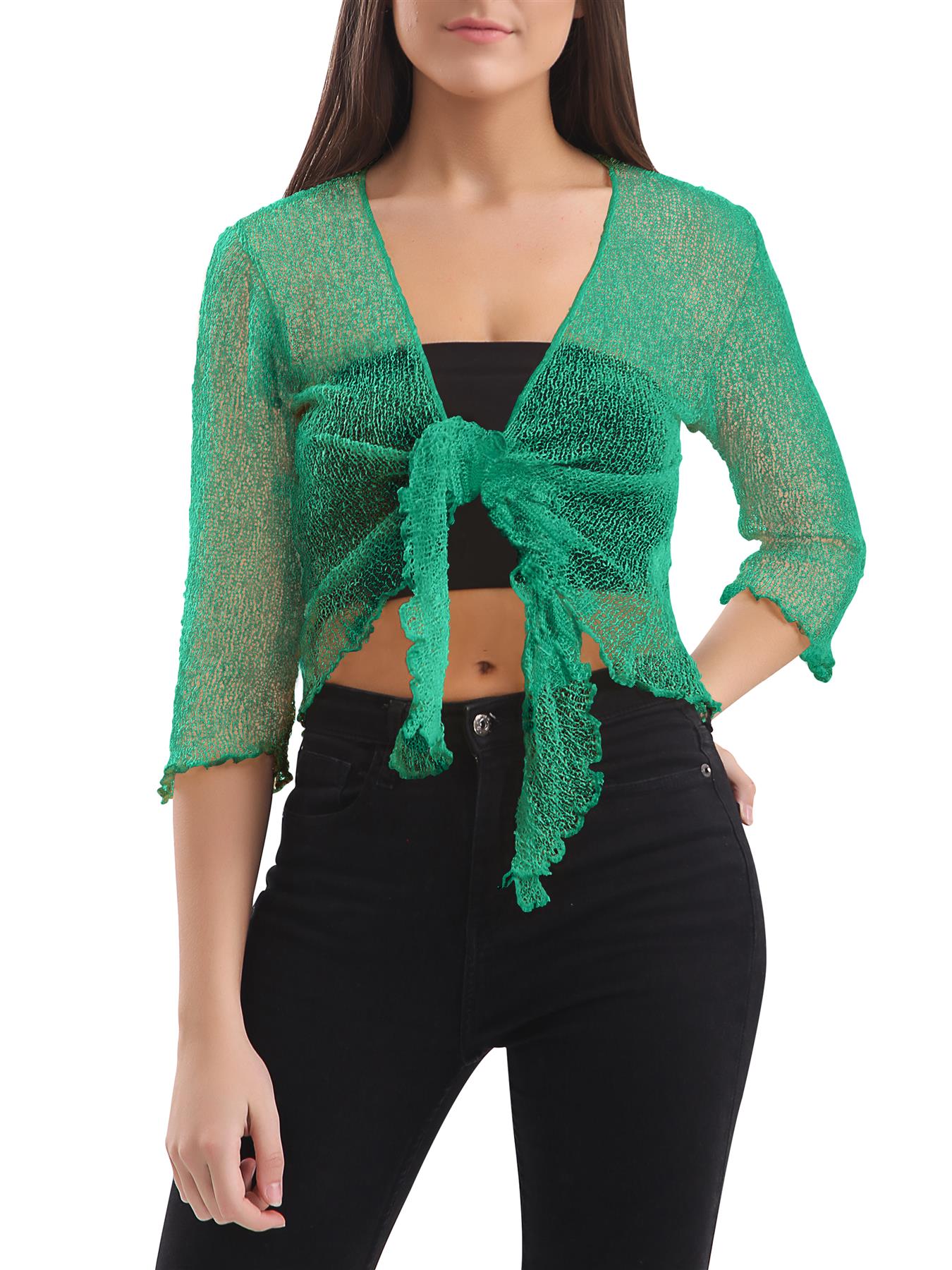 Womens Tie Up Open Front Shrug Ladies Knitted Cropped Bolero beach summer Top - Picture 64 of 169