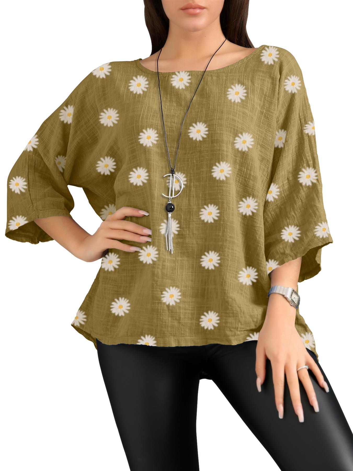 Women's Italian Lagenlook Cotton Top Daisy Floral Print 3/4 Sleeves Tunic Shirt - Picture 44 of 63