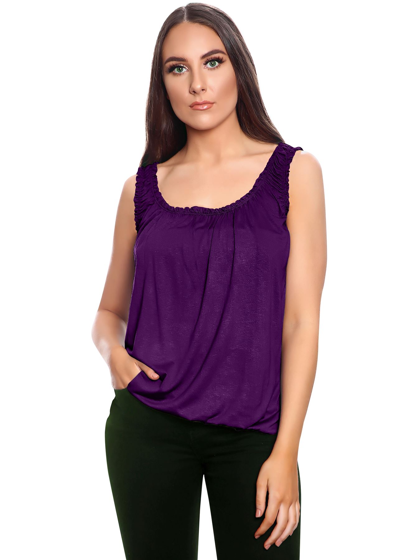Women Round Scoop Neckline Gathered Vest Top Ladies Elastic Bubble Hem Summer - Picture 39 of 138