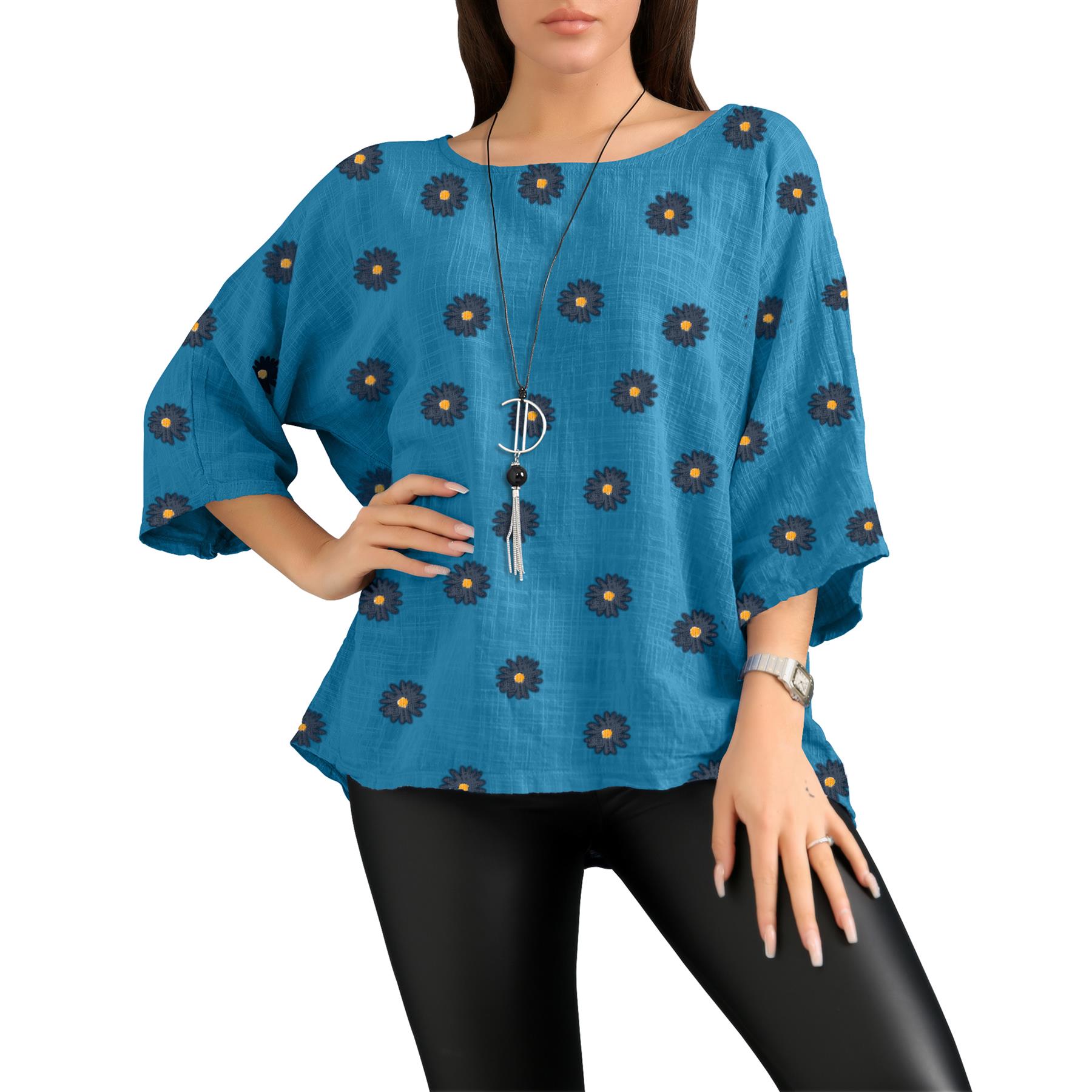 Women's Italian Lagenlook Cotton Top Daisy Floral Print 3/4 Sleeves Tunic Shirt - Picture 56 of 63