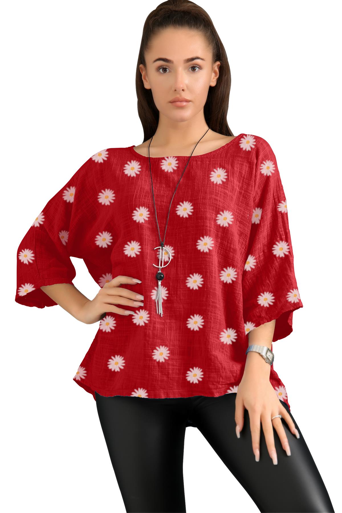 Ladies Italian Daisy Print Lagenlook Plain Lightweight Casual Short Top - Picture 86 of 101