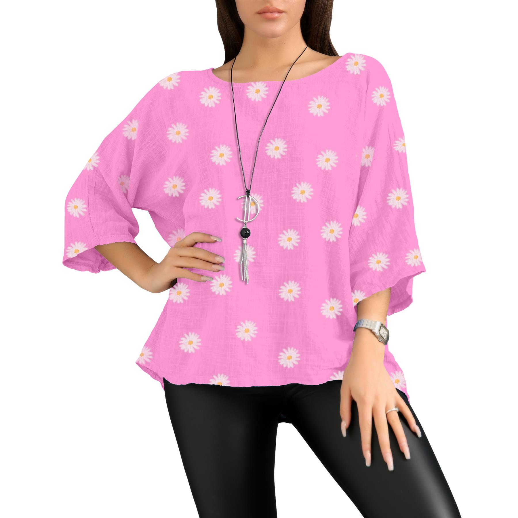 Women's Italian Lagenlook Cotton Top Daisy Floral Print 3/4 Sleeves Tunic Shirt - Picture 22 of 63
