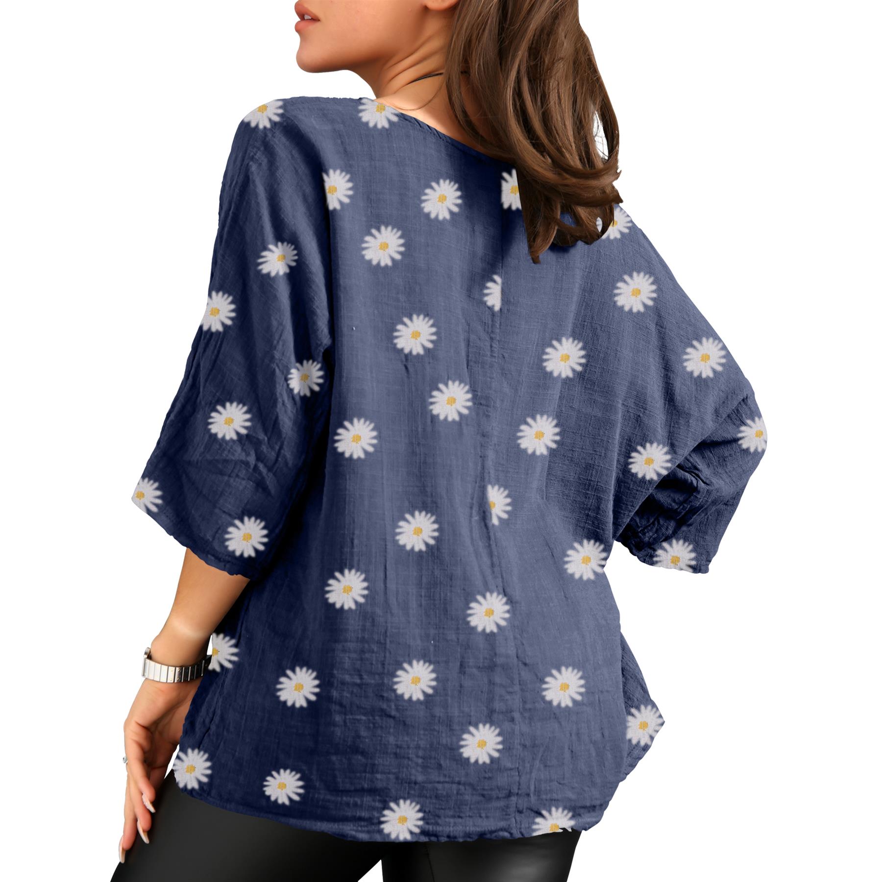 Women's Italian Lagenlook Cotton Top Daisy Floral Print 3/4 Sleeves Tunic Shirt - Picture 43 of 63