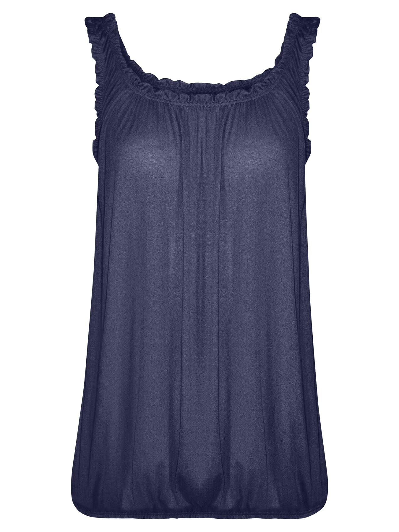 Women Round Scoop Neckline Gathered Vest Top Ladies Elastic Bubble Hem Summer - Picture 93 of 138