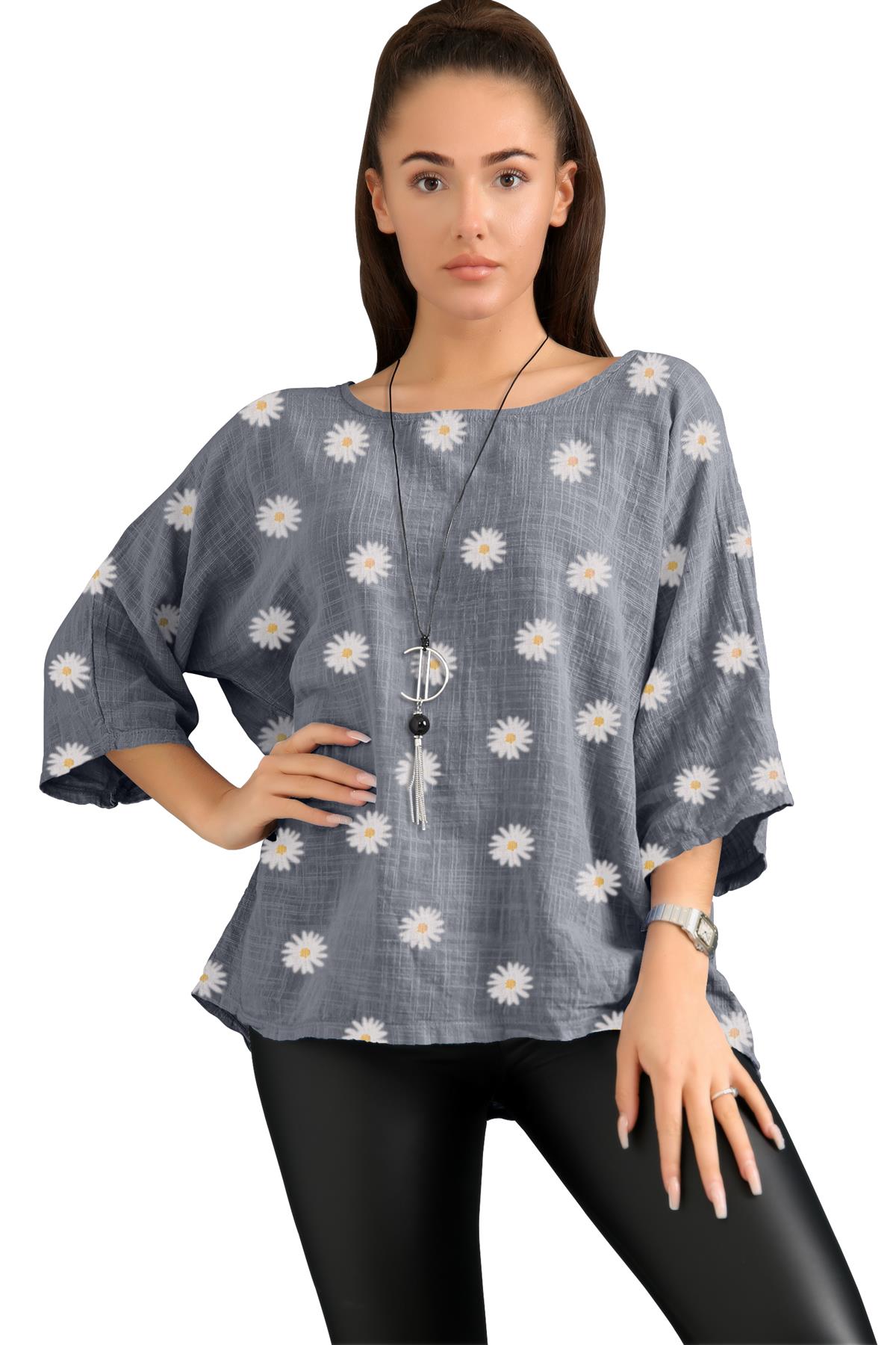 Women's Italian Lagenlook Cotton Top Daisy Floral Print 3/4 Sleeves Tunic Shirt - Picture 16 of 63