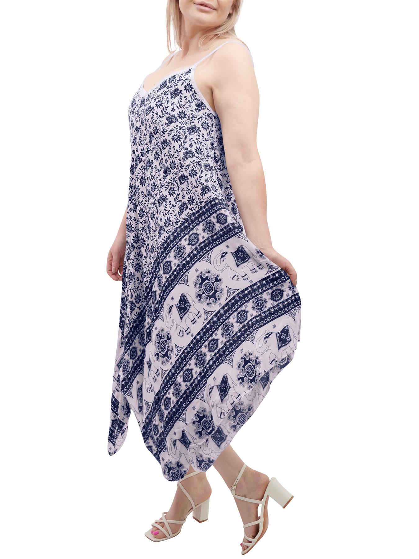 Womens Sleeveless Italian V Neck Hanky Dress Elephant Print Strappy Summer Maxi - Picture 7 of 72
