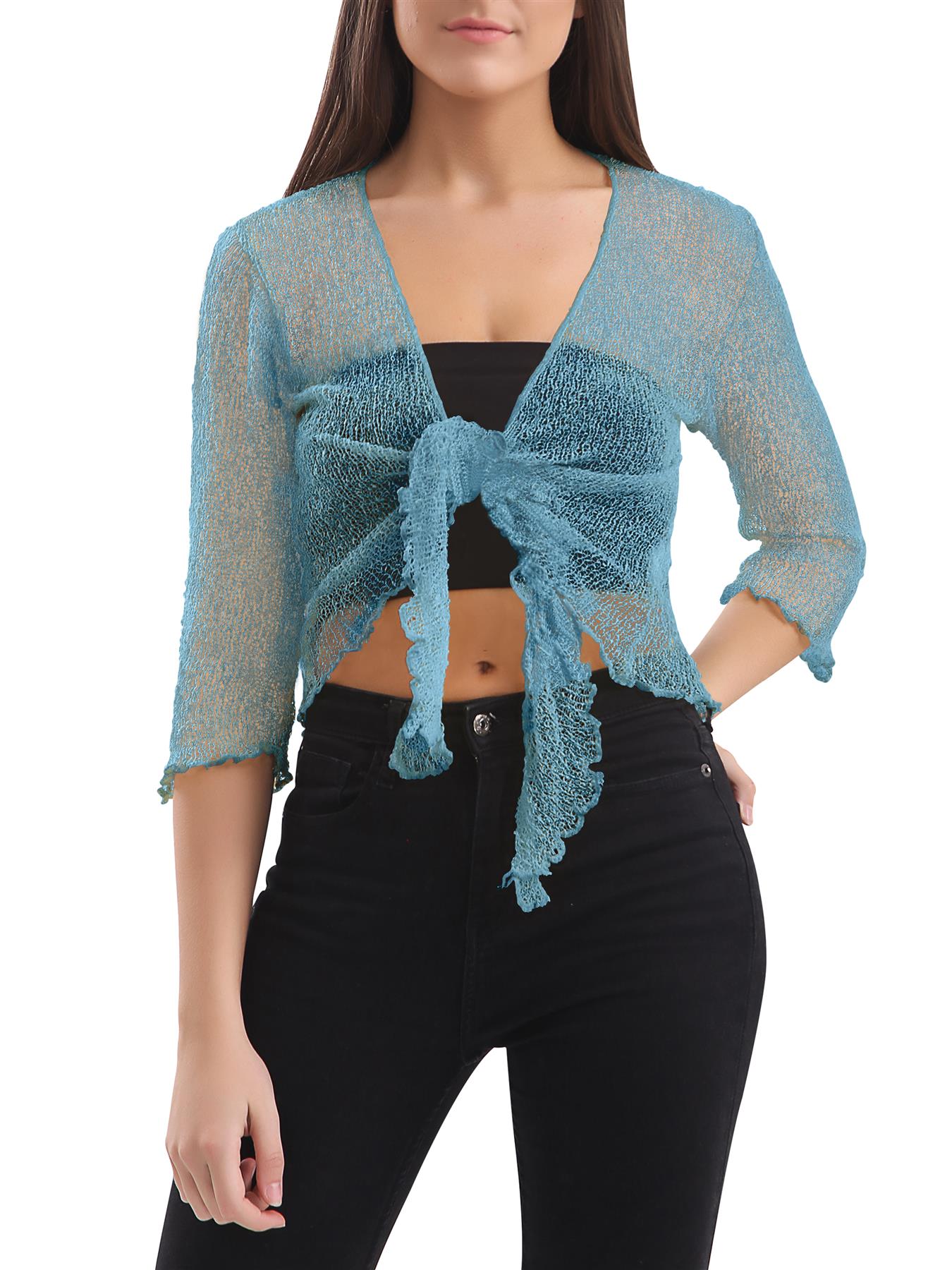 Womens Tie Up Open Front Shrug Ladies Knitted Cropped Bolero beach summer Top - Picture 34 of 169