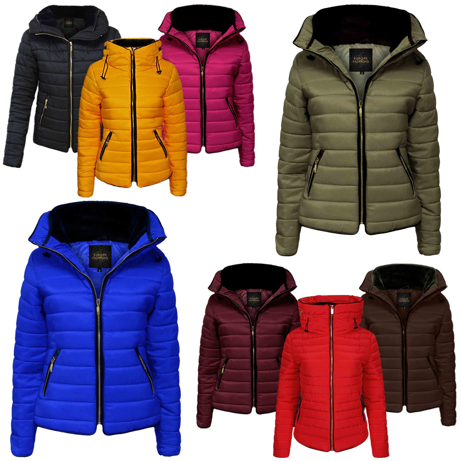 Ladies Gold Zip Hood Thick Jacket High Collar Bubble Puffer Padded Coat Quilted