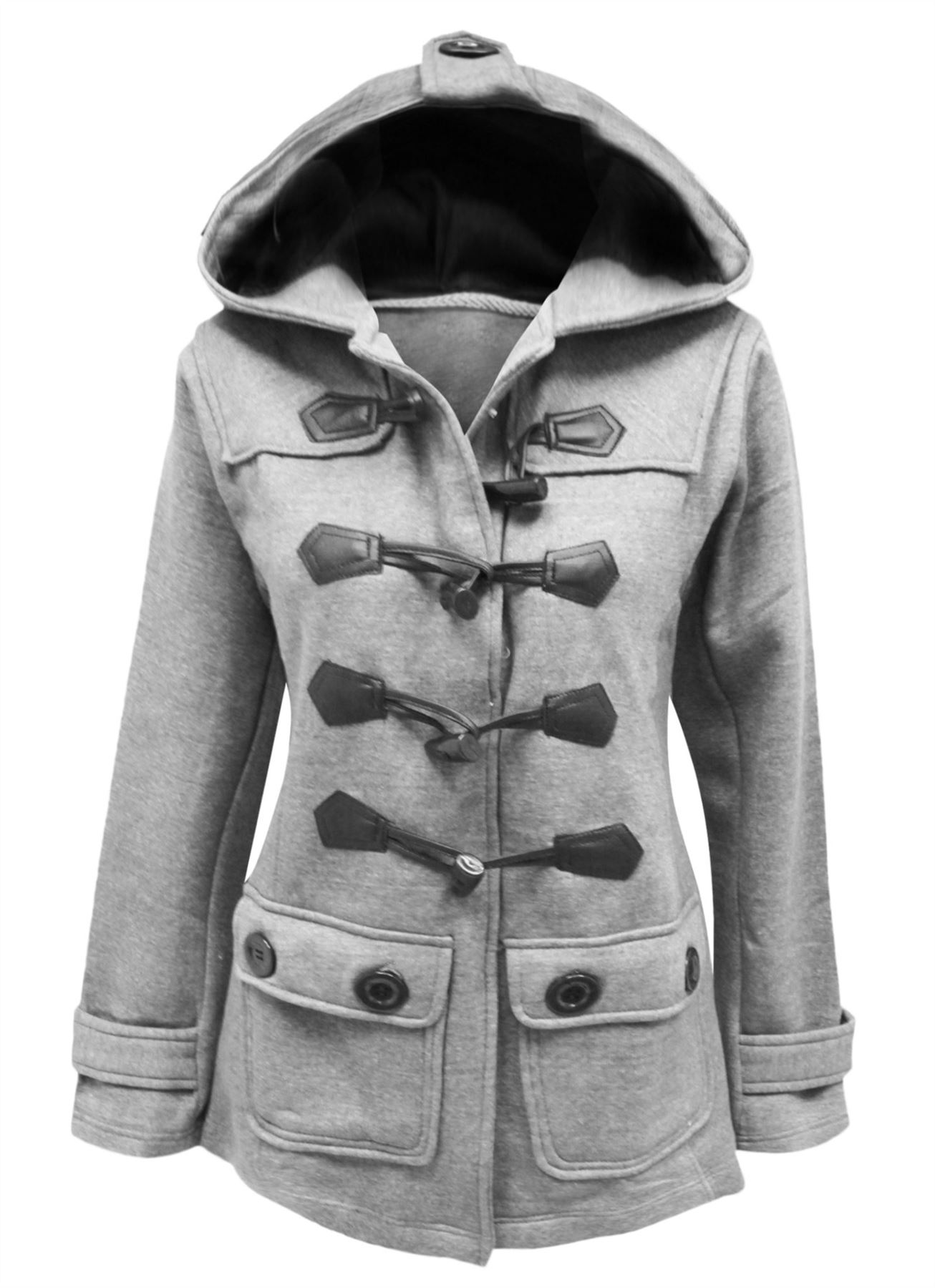 Ladies Womens Fleece Jacket Duffle Style Hooded Toggle Pocket Coat Top Plus Size eBay