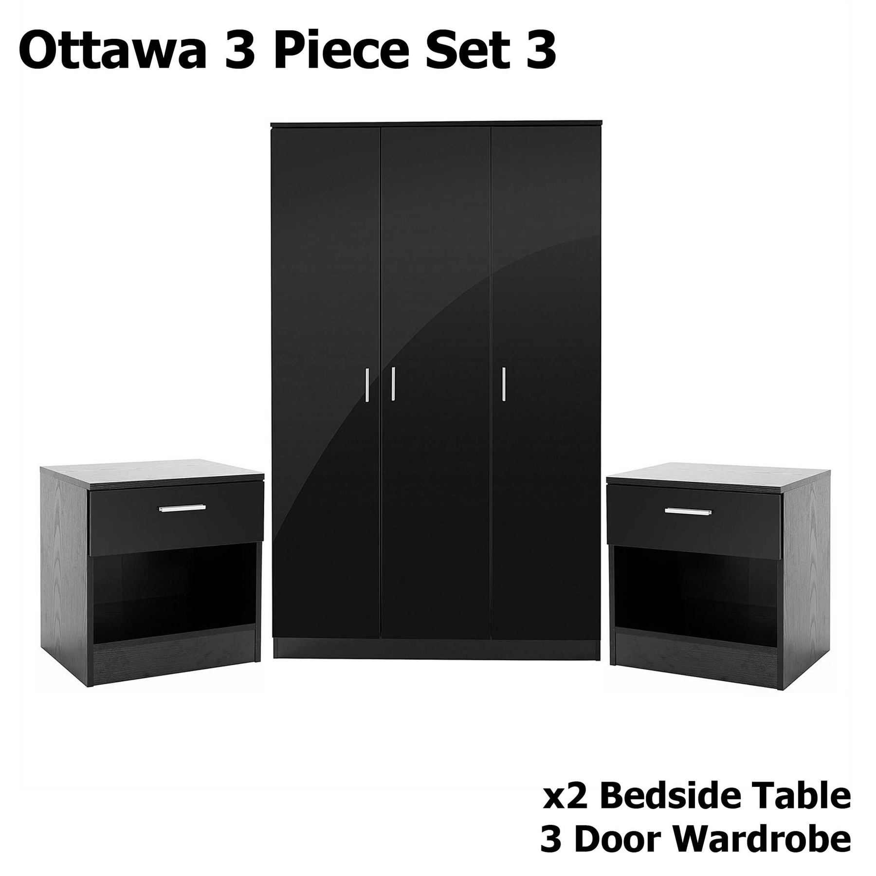BEDROOM FURNITURE 3 PIECE SET BLACK GLOSS WARDROBE DRAWER BEDSIDE CHEST TABLE eBay