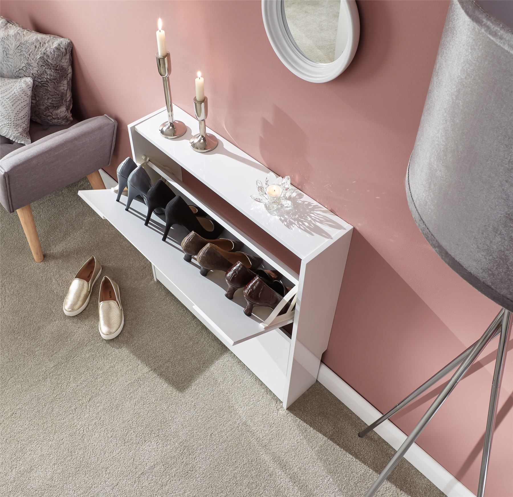 NARROW HIGH GLOSS 2 TIER SHOE RACK CUPBOARD