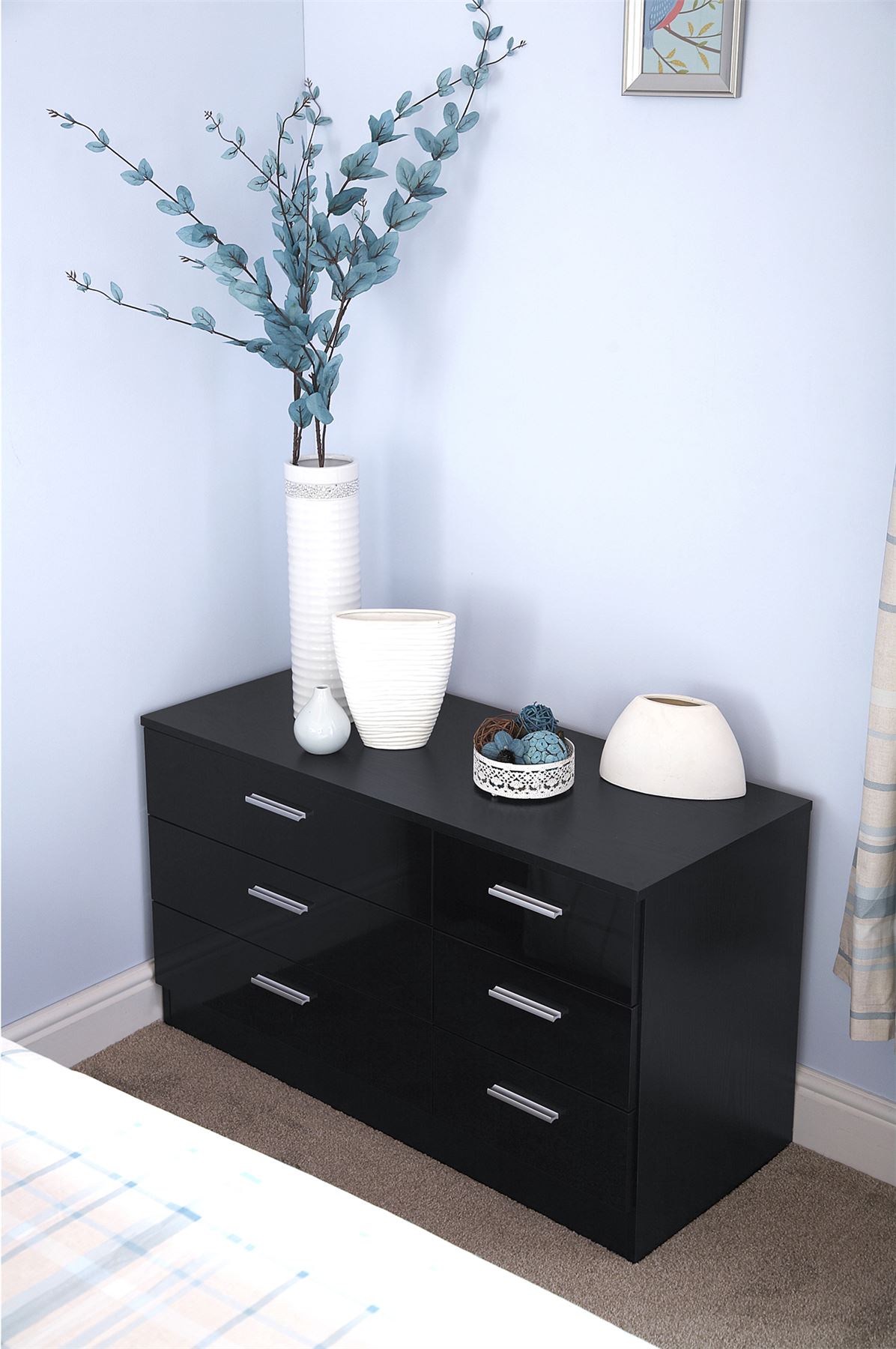 BEDROOM FURNITURE 3 PIECE SET BLACK GLOSS WARDROBE DRAWER BEDSIDE CHEST