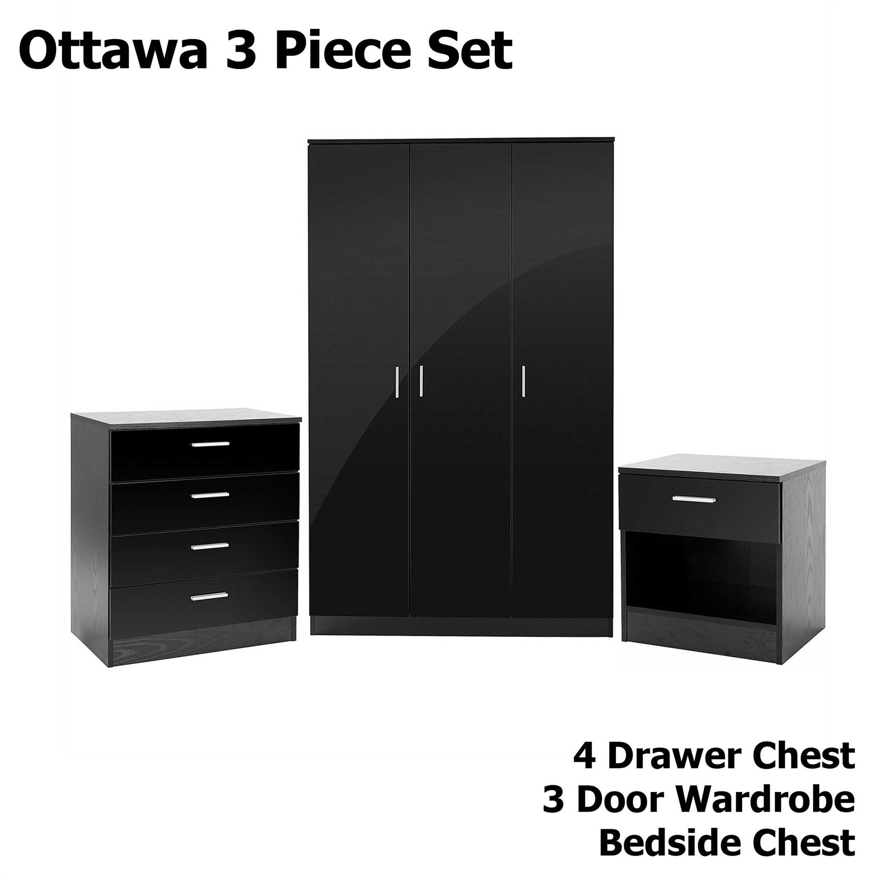 BEDROOM FURNITURE 3 PIECE SET BLACK GLOSS WARDROBE DRAWER BEDSIDE CHEST