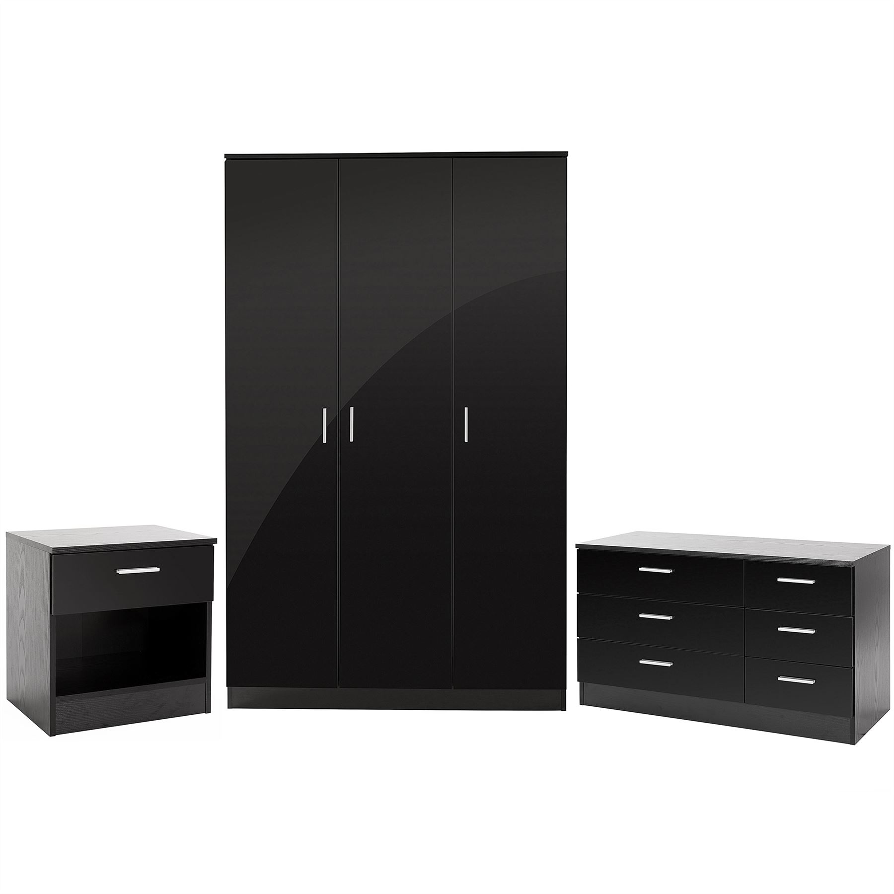 BEDROOM FURNITURE 3 PIECE SET BLACK GLOSS WARDROBE DRAWER BEDSIDE CHEST ...