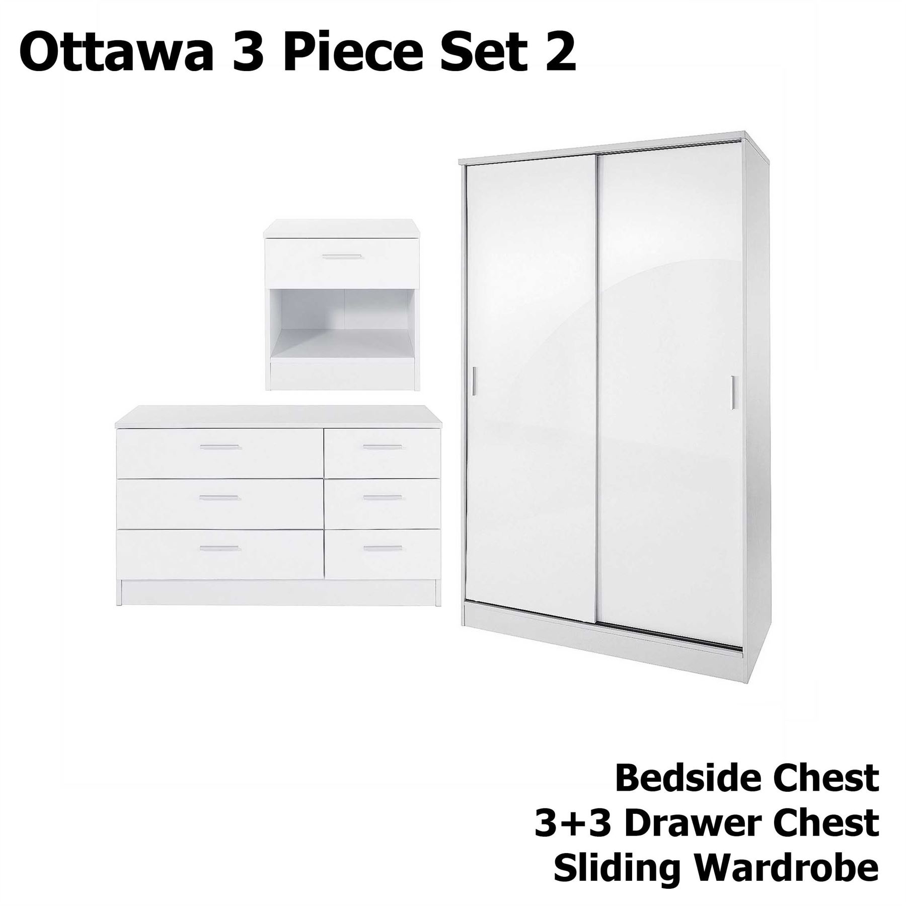 Bedroom Furniture 3 Piece Set White Gloss Bedside Drawer Chest